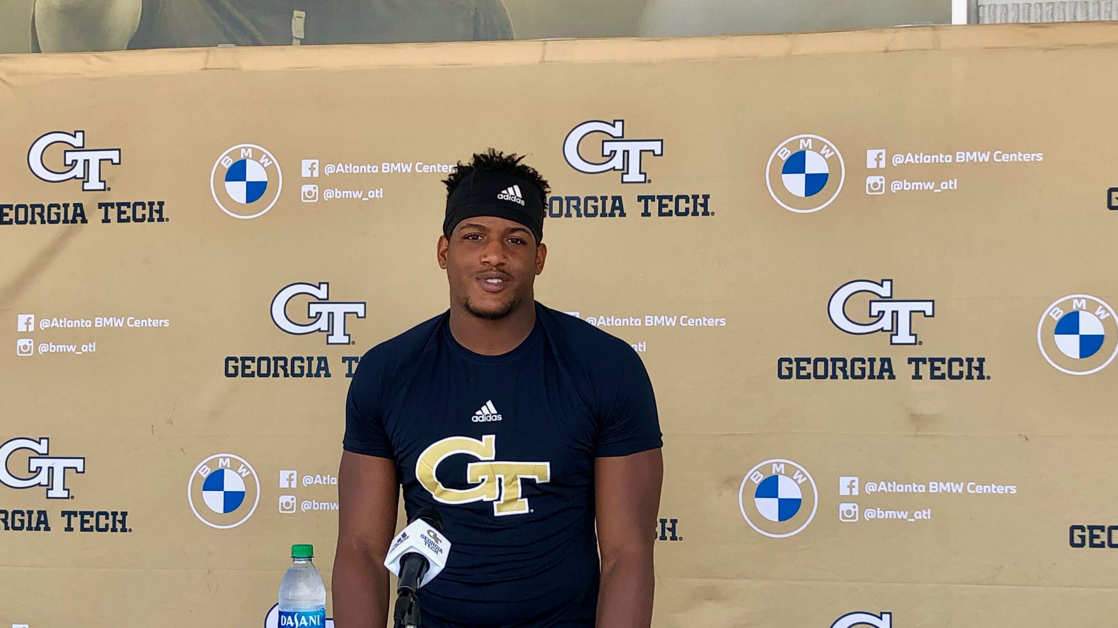 Georgia Tech defensive end Jordan Domineck meets with media on August 12, 2021 at Bobby Dodd Stadium after a preseason practice. (AJC photo by Ken Sugiura)