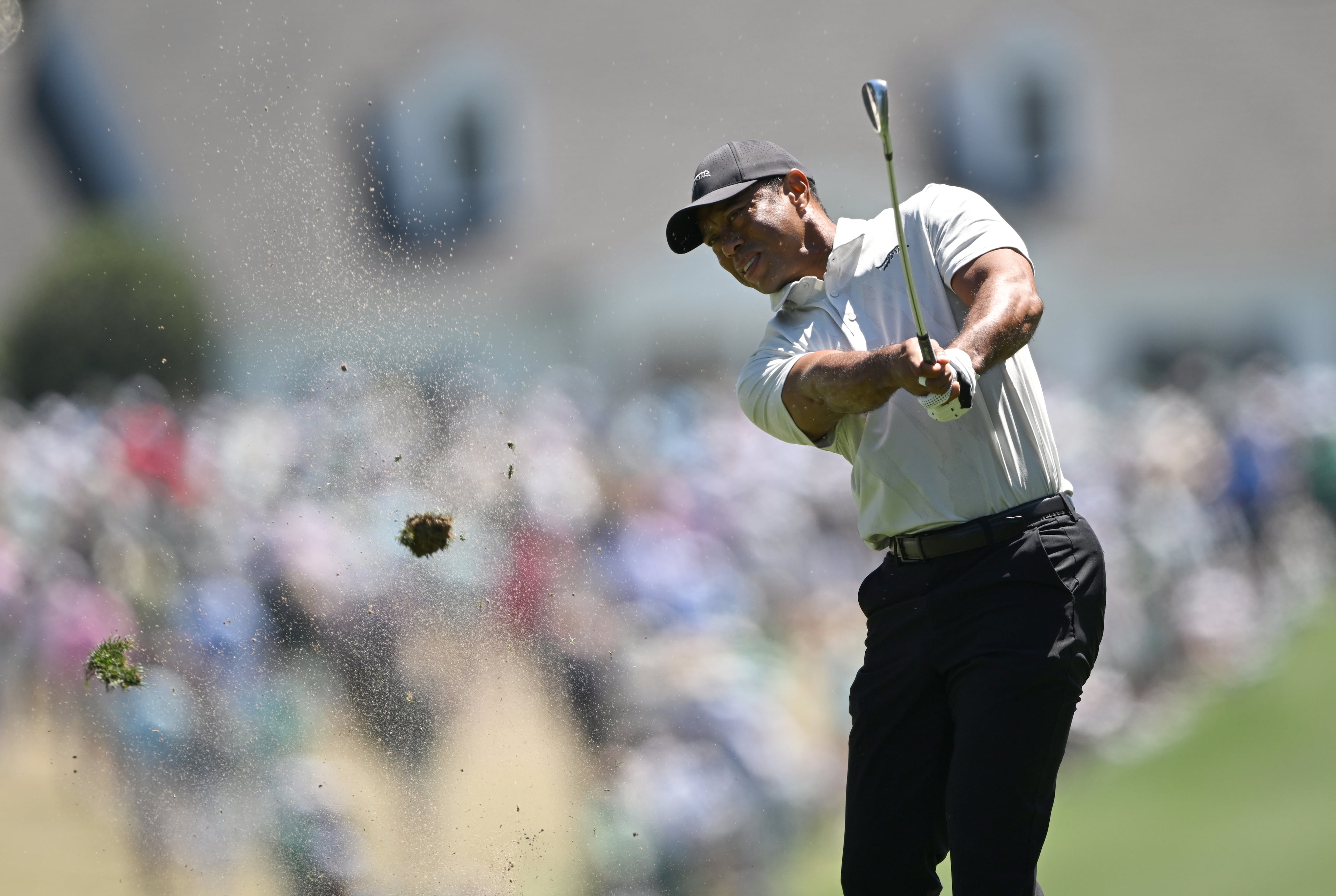 Tiger Woods hits on first fairway during third round at the 2024 Masters Tournament at Augusta National Golf Club, Saturday, April 13, 2024, in Augusta, Ga. (Hyosub Shin / Hyosub.Shin@ajc.com)