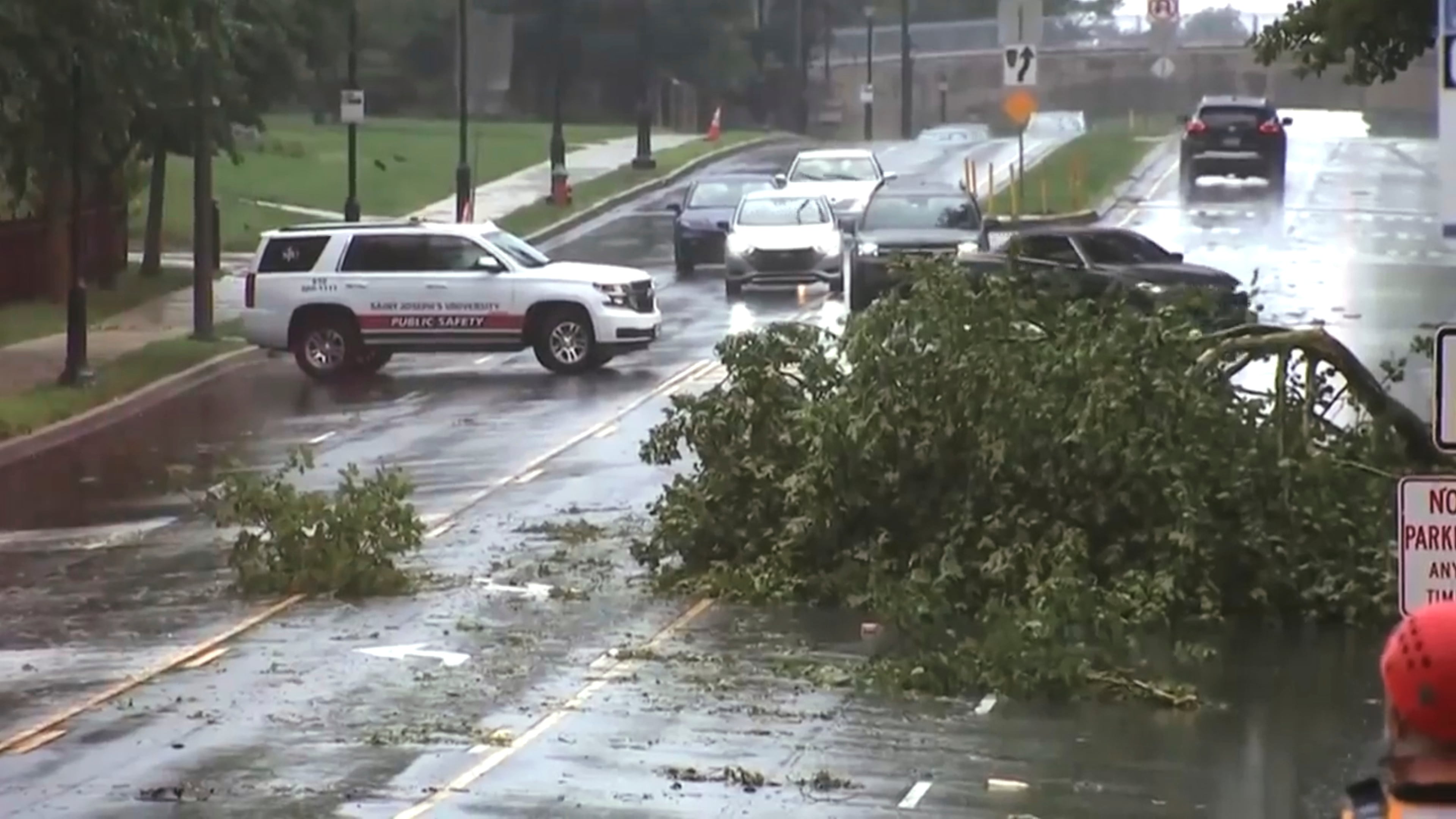 This image taken from video shows a broken tree branch on a street, Sunday, July 12, 2026 after a line of severe, short thunderstorms passed through the city the day before in Philadelphia. (WPVI-TV/6ABC via AP)