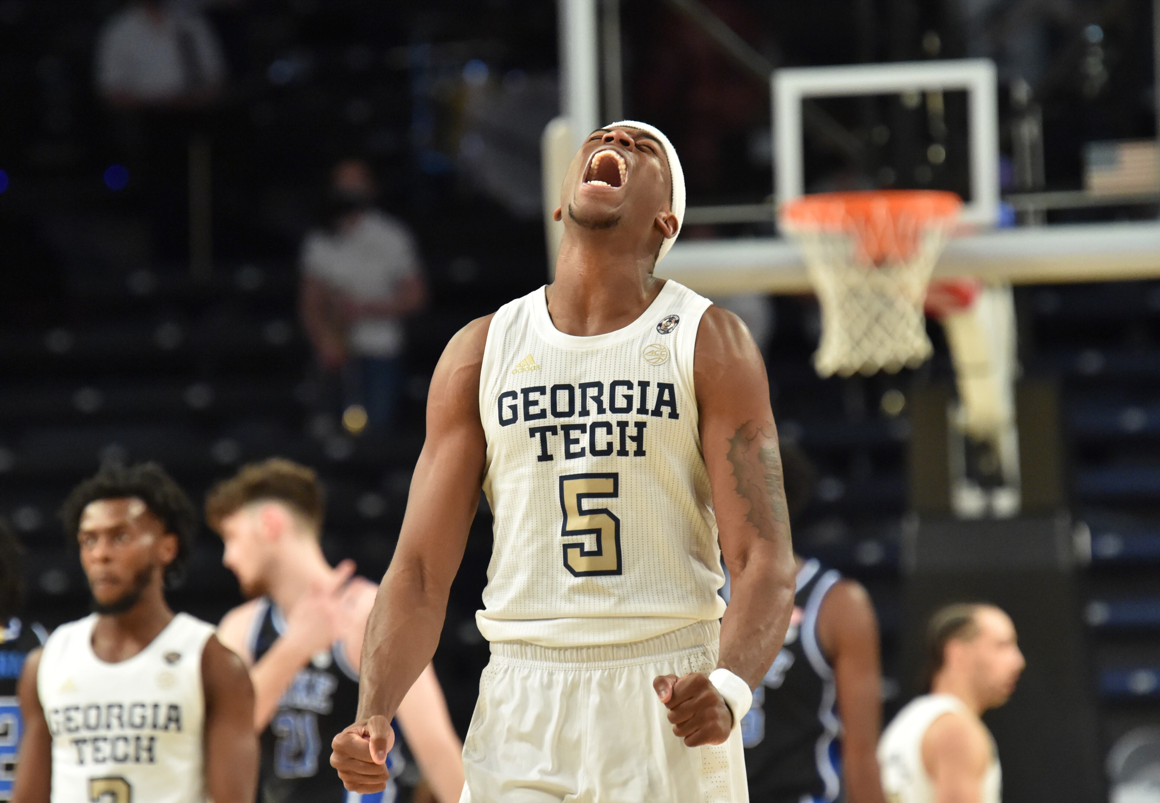 Georgia Tech's forward Moses Wright (5) reacts in the second half of an NCAA college basketball game at Georgia Tech's McCamish Pavilion in Atlanta on Tuesday, March 2, 2021. Georgia Tech won 81-77 over Duke in overtime. (Hyosub Shin / Hyosub.Shin@ajc.com)