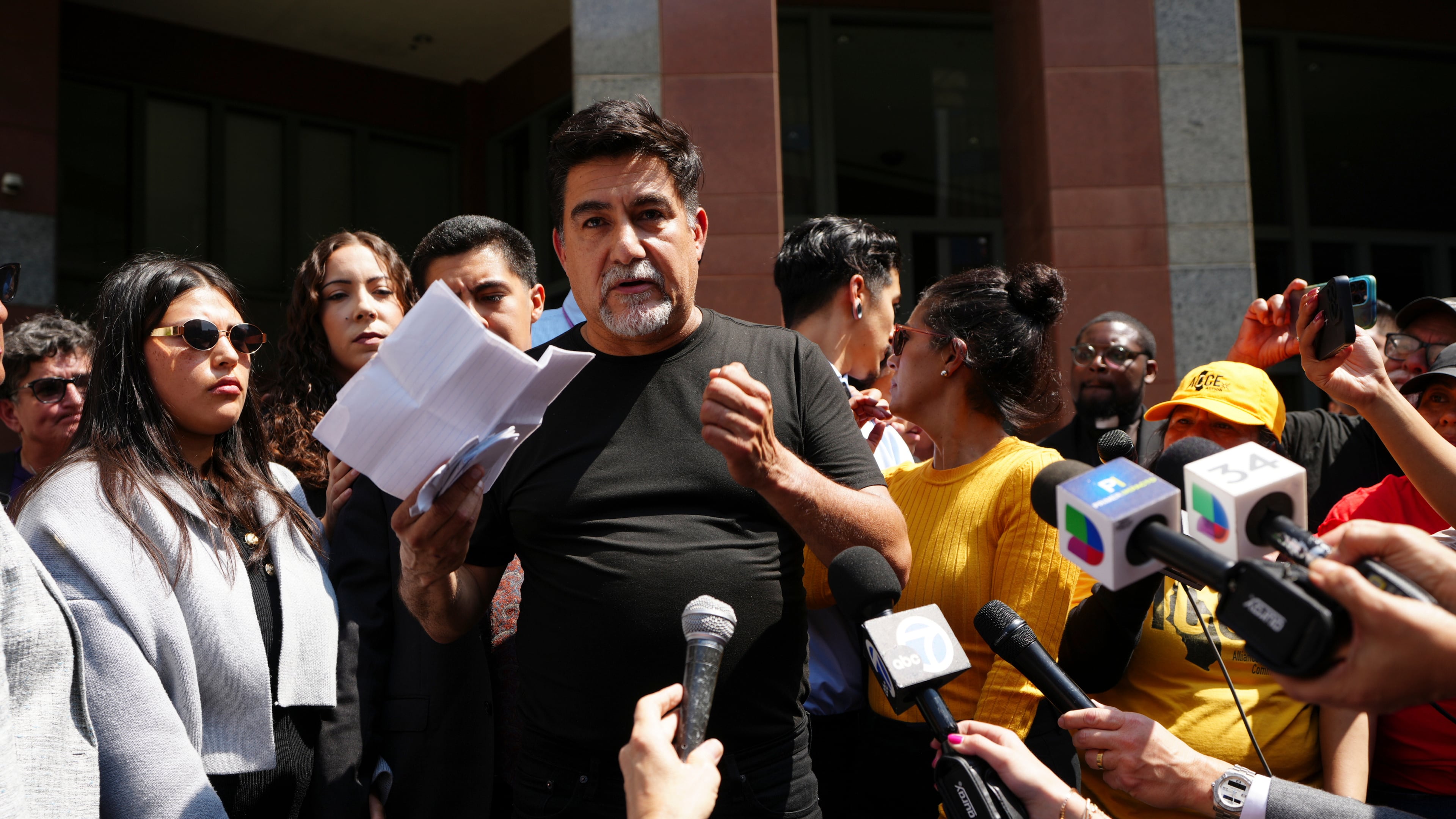 FILE - David Huerta, the president of the Service Employees International Union California who was arrested during an immigration raid, speaks after he was released on a bond in downtown Los Angeles on June 9, 2025. (AP Photo/Damian Dovarganes, File)