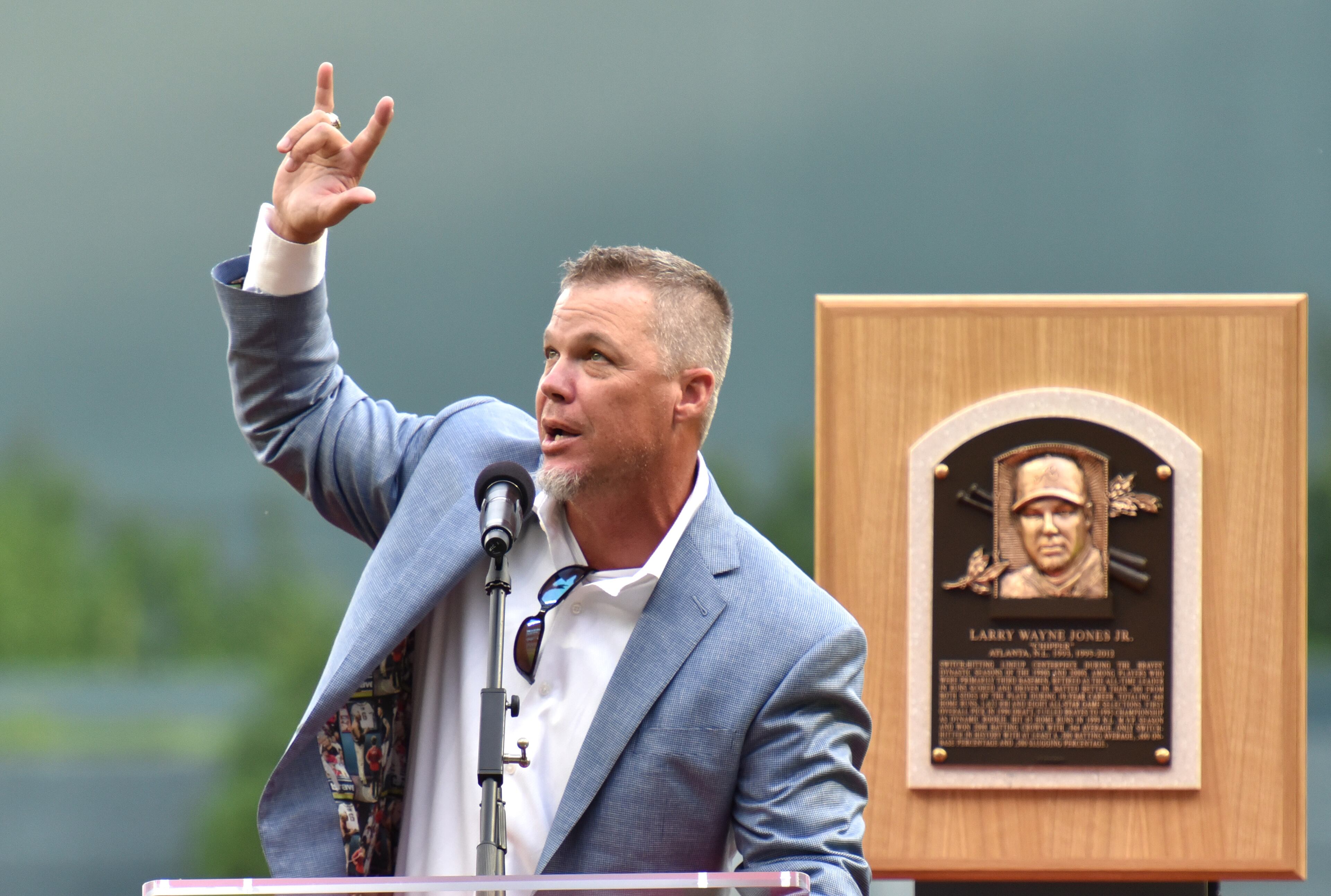 August 10, 2018 Atlanta - Legendary Atlanta Braves third baseman Chipper thanks to his fans during Chipper Jones Pregame Ceremony before Atlanta Braves home game against the Milwaukee Brewers at the SunTrust Park on Friday, August 10, 2018. The ninth annual Alumni Weekend, which welcomes Braves legends to SunTrust Park for a weekend full of activities. The event will be held this Friday through Sunday as the Braves face the Milwaukee Brewers. HYOSUB SHIN / HSHIN@AJC.COM