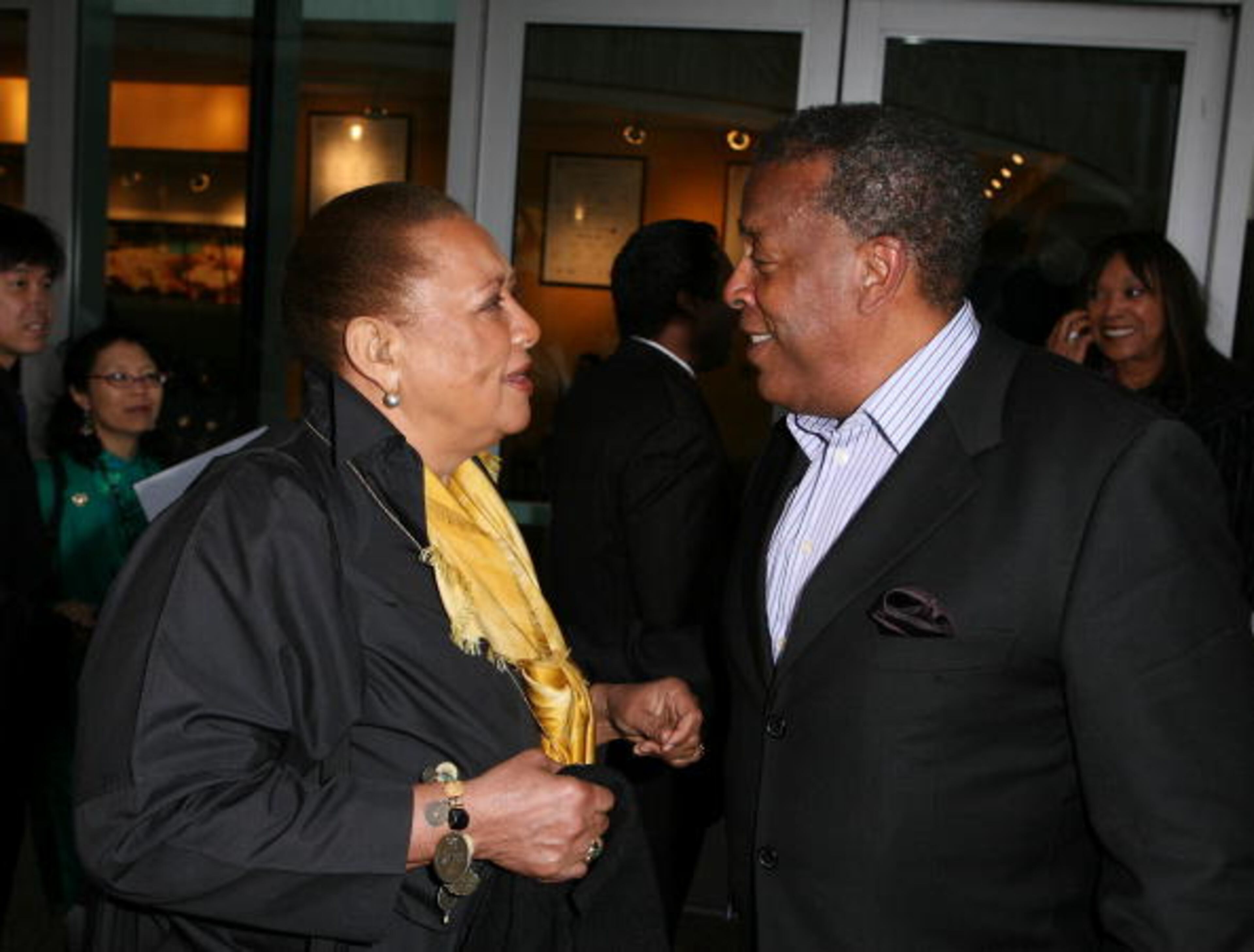 LOS ANGELES, CA - APRIL 24: Actress Barbara Montgomery (L) talks with actor Meshach Taylor (R) during the arrivals for the opening night performance of "Ain't Misbehavin'" at the CTG/Ahmanson Theatre on April 24, 2009 in Los Angeles, California. (Photo by Ryan Miller/Getty Images)
