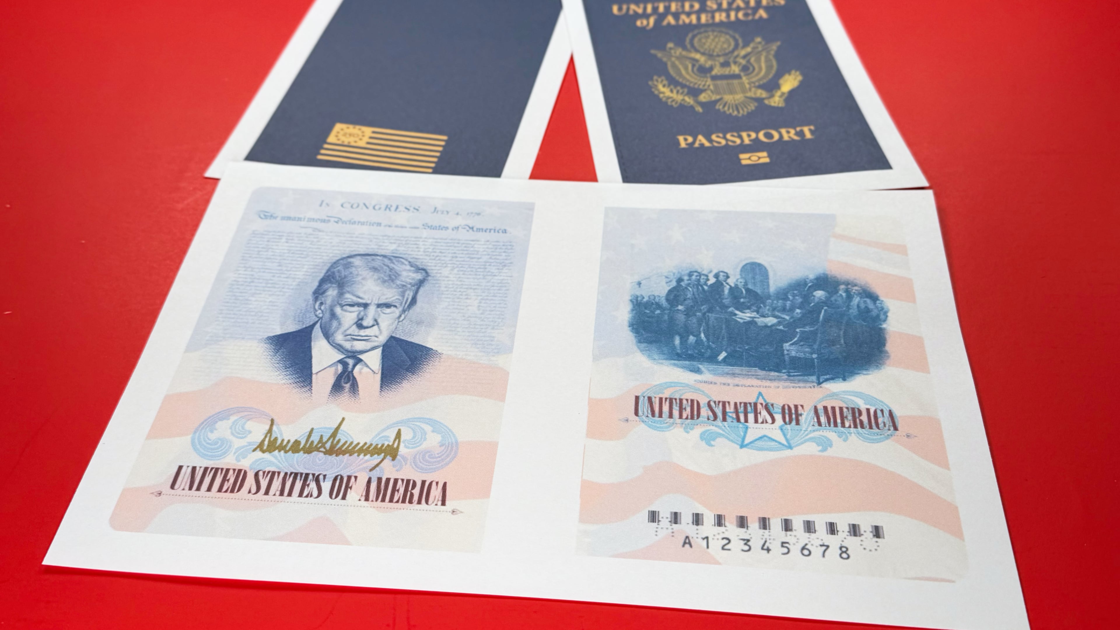 A sample of a limited release of a commemorative U.S. passport that celebrates America's 250th birthday and features a picture of President Donald Trump, is photographed Tuesday, April 28, 2026. (AP Photo/Jon Elswick)