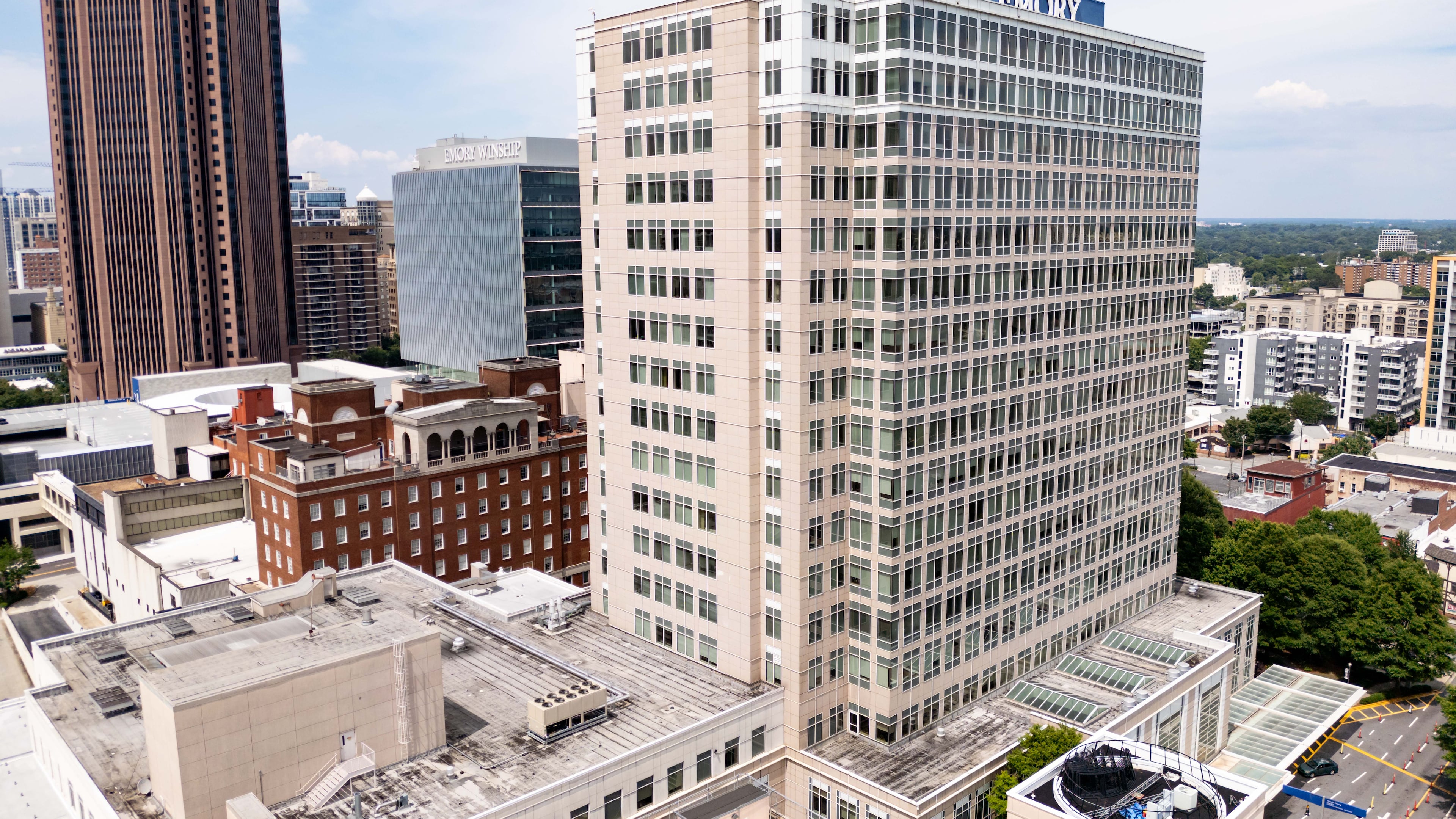 An aerial view of Emory University Hospital Midtown in Atlanta pictured on Sunday, June 30, 2024. (Seeger Gray/AJC)