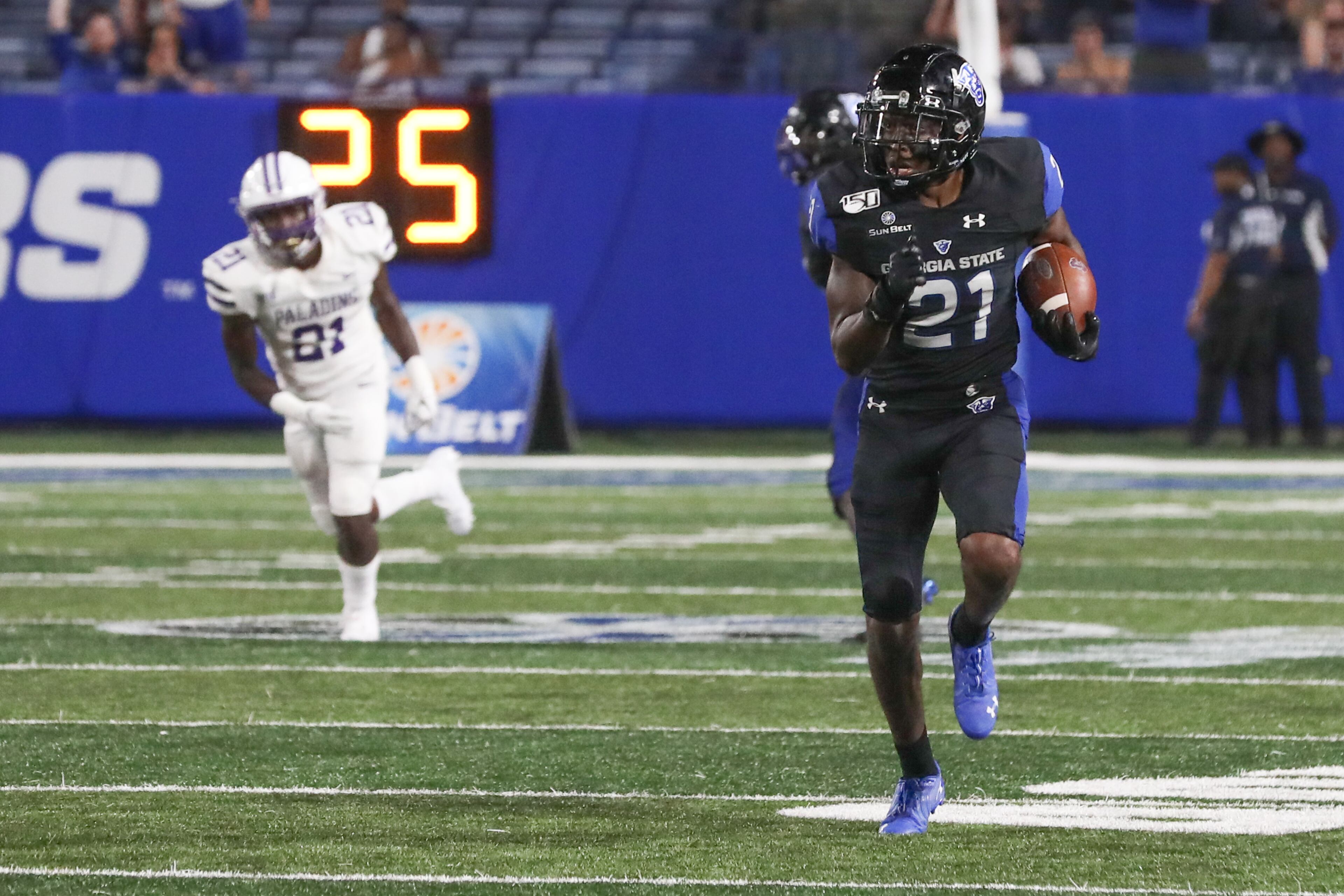 Georgia State Panthers safety Remy Lazarus (21) runs after intercepting the ball during the second half of a college football game against Furman Paladins at Georgia State Stadium, Saturday, Sept. 7, 2019, in Atlanta. BRANDEN CAMP/SPECIAL