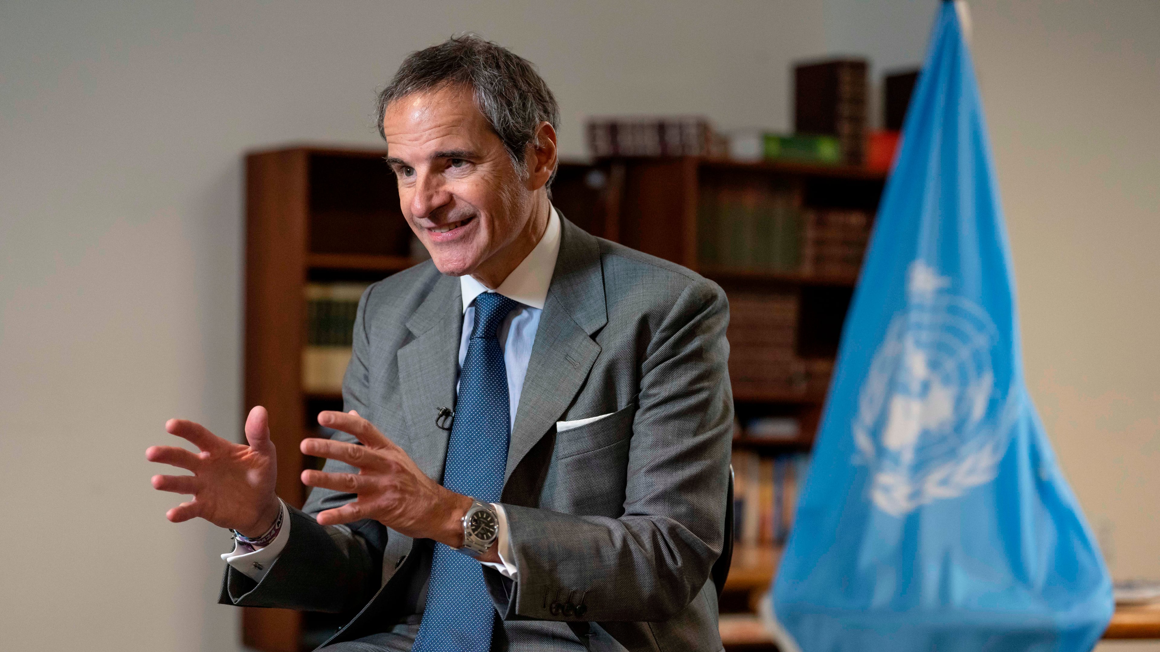 Rafael Grossi, International Atomic Energy Agency (IAEA) Director General and a candidate for United Nations Secretary-General, speaks during an interview at U.N. headquarters, Tuesday, April 28, 2026. (AP Photo/Yuki Iwamura)