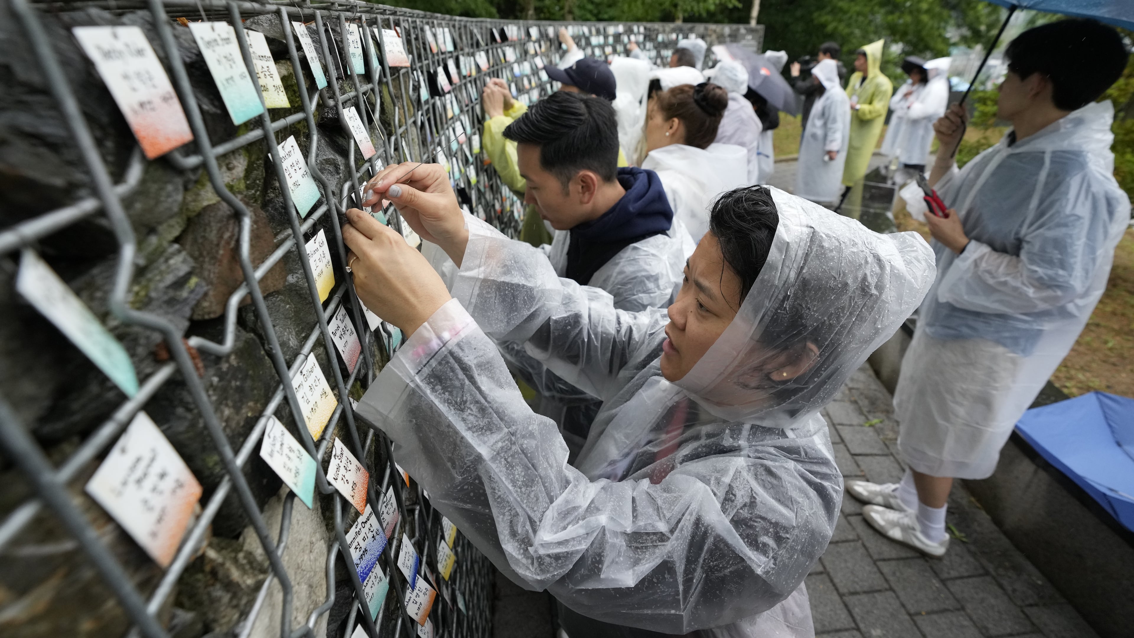 Korean adoptees put their nametags with South Korean volunteers on The Wall of Names at Omma Poom Park in Paju, South Korea, on May 20, 2026. (AP Photo/Ahn Young-joon)