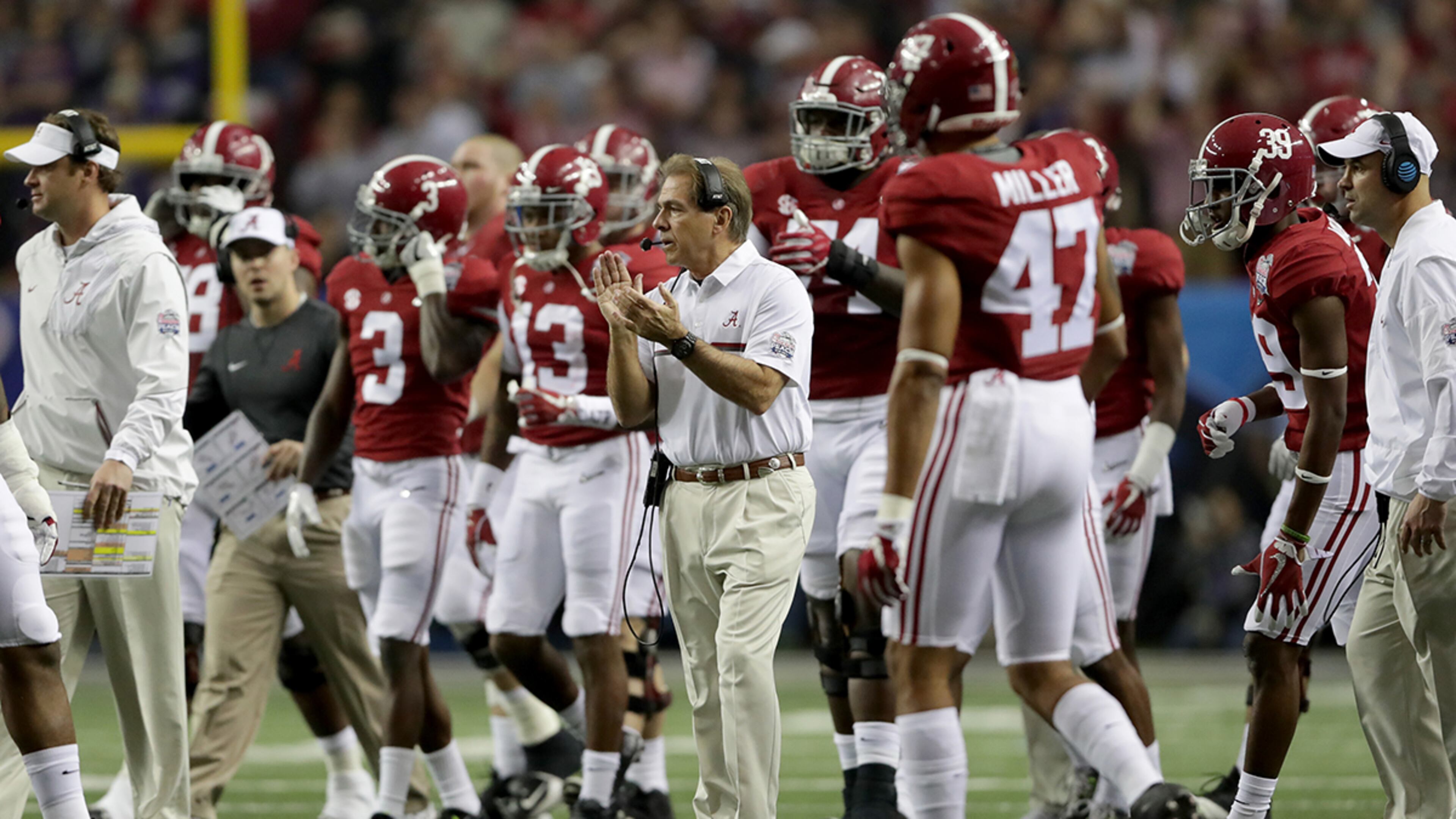 ATLANTA, GA - DECEMBER 31: Head Coach Nick Saban of the Alabama Crimson Tide reacts against the Washington Huskies during the 2016 Chick-fil-A Peach Bowl at the Georgia Dome on December 31, 2016 in Atlanta, Georgia. (Photo by Streeter Lecka/Getty Images)