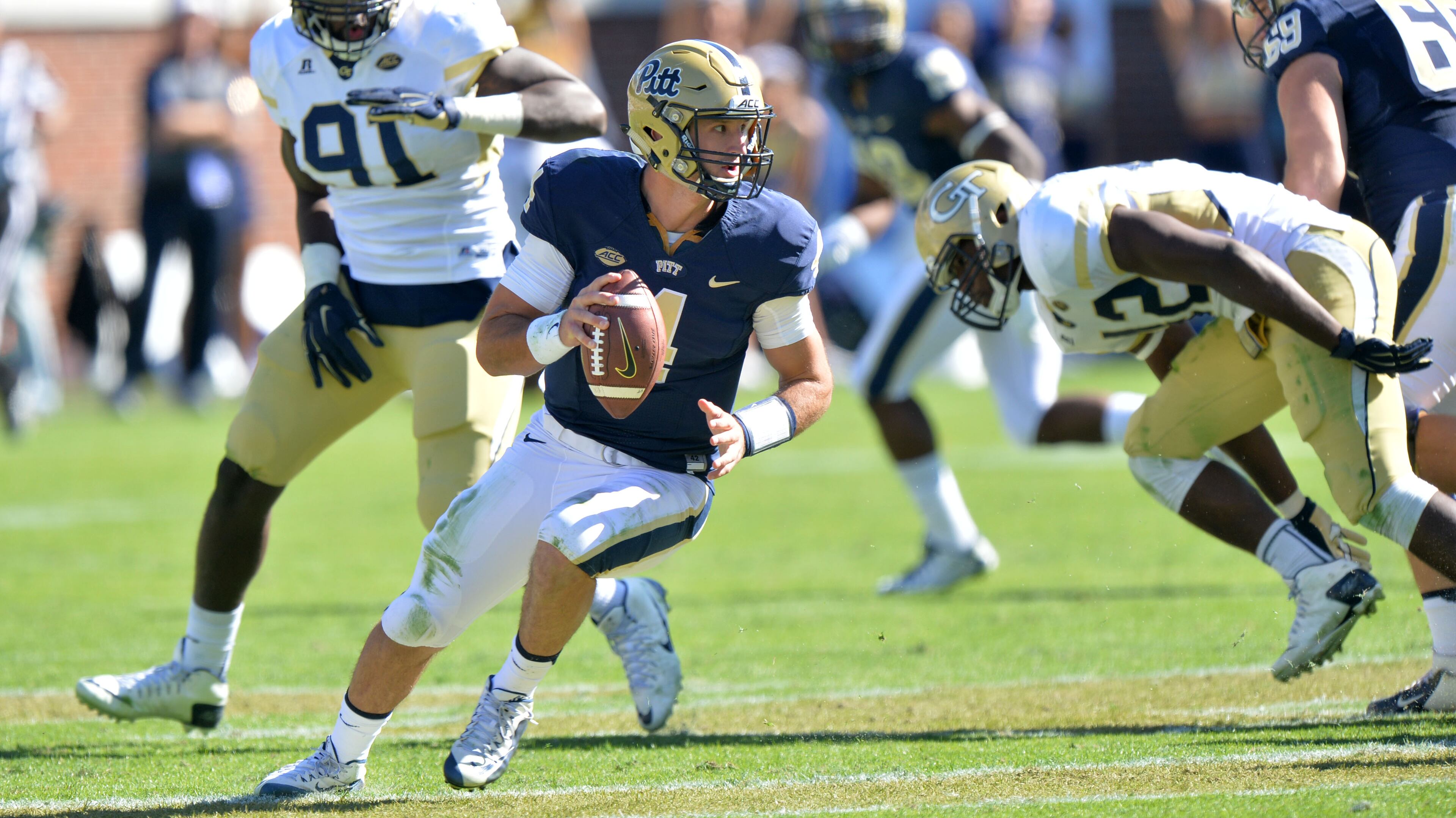 October 17, 2015 Atlanta - Pittsburgh Panthers quarterback Nathan Peterman (4) looks to pass in the second half at Bobby Dodd Stadium on Saturday, October 17, 2015. Pittsburgh Panthers won 31-28 over the Georgia Tech Yellow Jackets. HYOSUB SHIN / HSHIN@AJC.COMt34