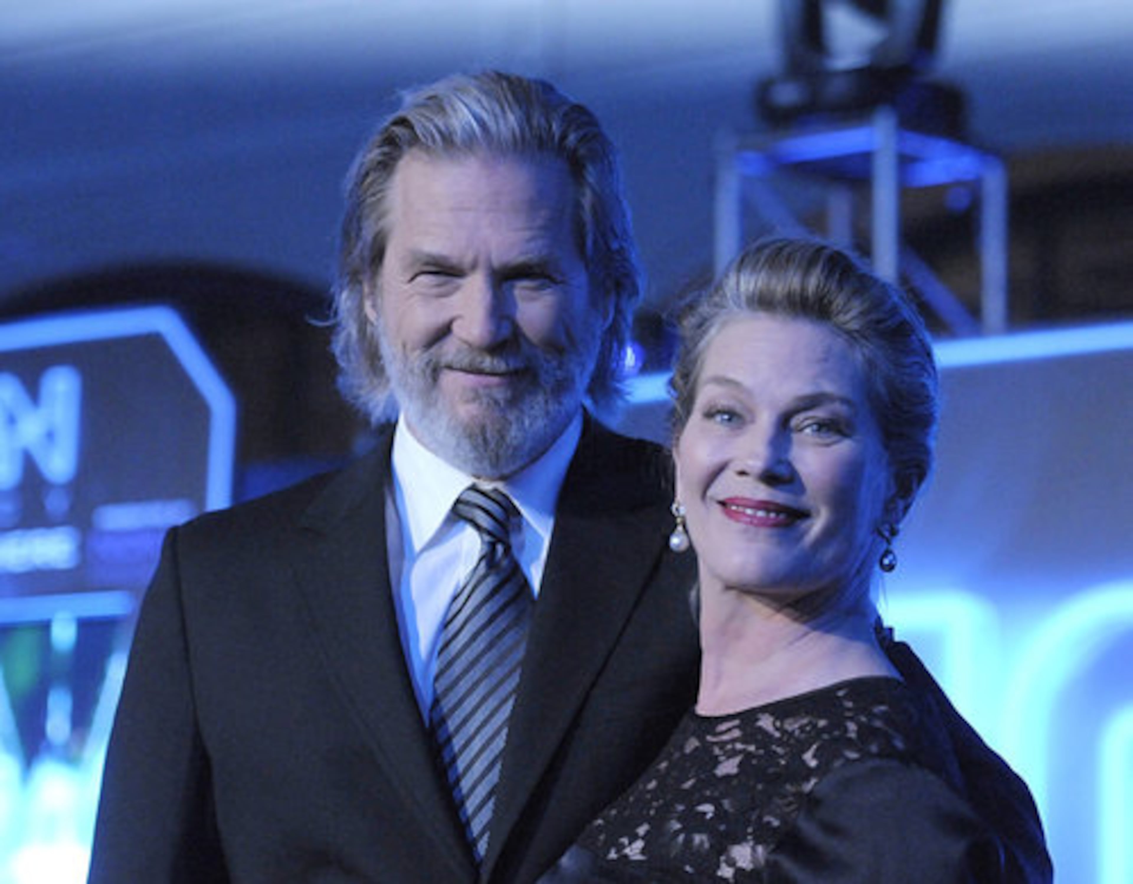 Academy Award winning actor Jeff Bridges arrives with his wife Susan Geston. In "Tron: Legacy," the 61-year-old Bridges plays Kevin Flynn, at his natural age, and a computerized avatar called "Clu," who hasn't aged since around the time he was first created in the original "Tron" in 1982.
