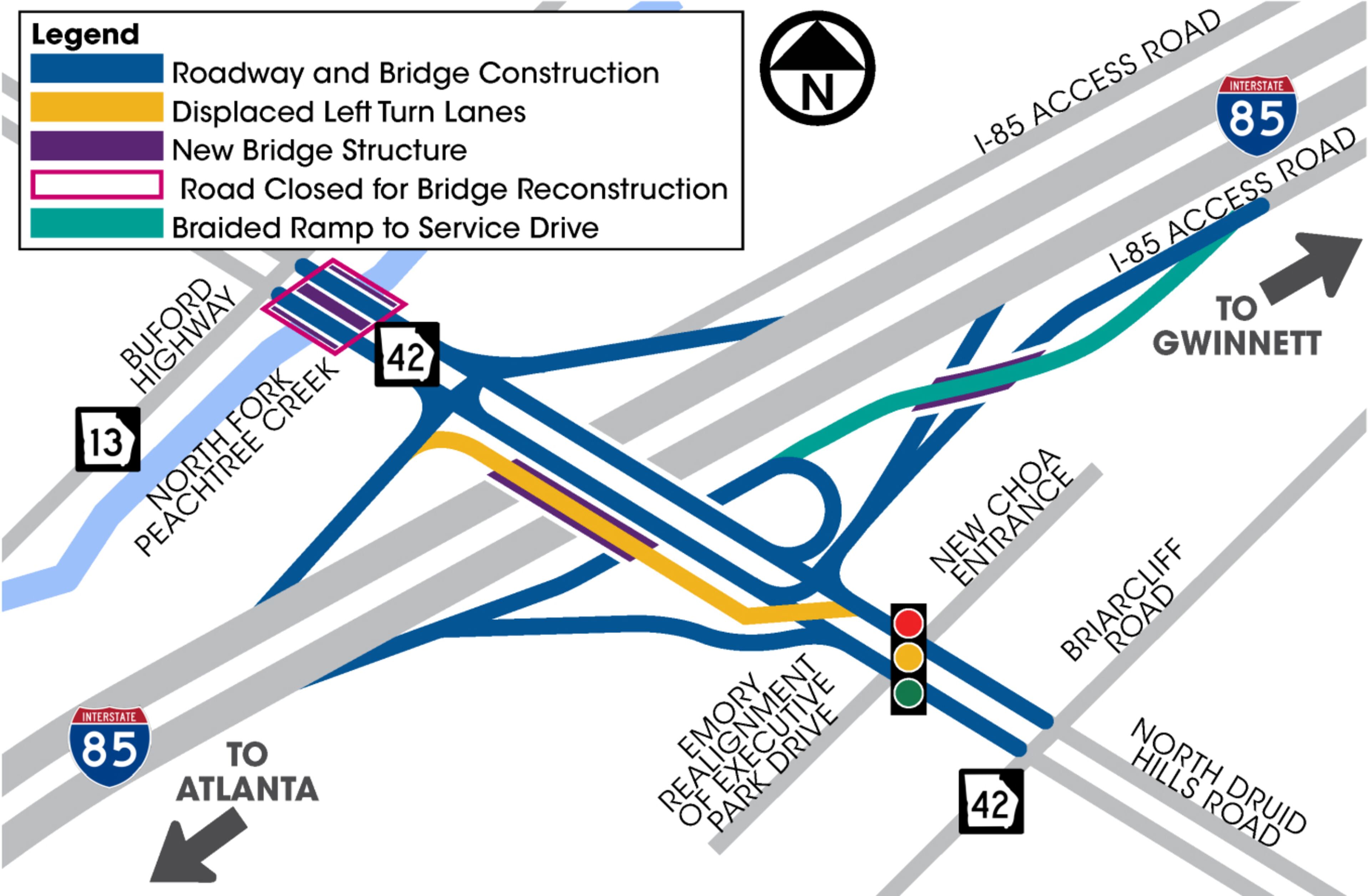 This graphic from the Georgia Department of Transportation shows the detour route during the North Druid Hills Road bridge work. The detour route will follow I-85 northbound to Exit 91, Ga. 155/Clairmont Road, and then turn onto Ga. 13/Buford Highway. The detour is about 5 miles long.