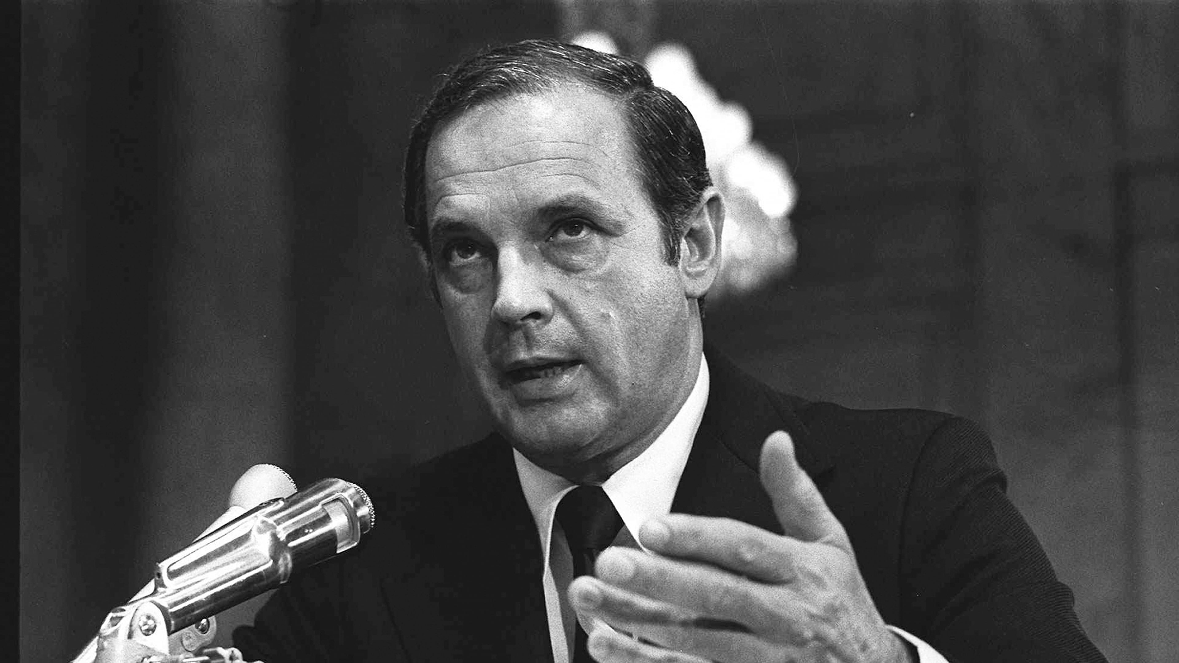 FILE - Alexander Butterfield, testifies, July 16, 1973 before the Senate Watergate Committee. Butterfield, the White House aide who inadvertently hastened Richard Nixon’s resignation over the Watergate scandal when he revealed that the president had bugged the Oval Office and Cabinet Room and routinely recorded his conversations, has died. He was 99. (AP Photo/File)