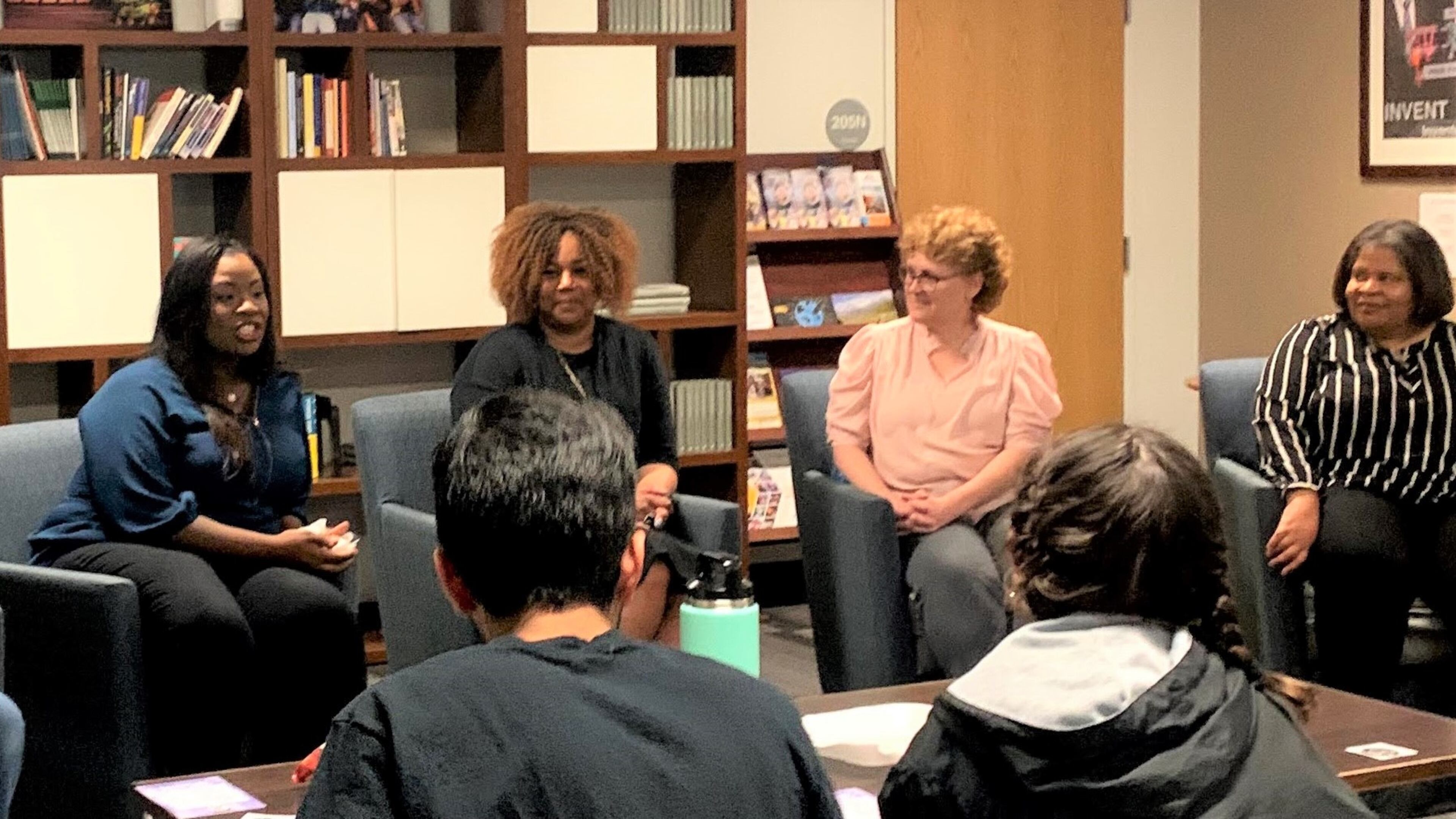 Shila Burney (center) of Zane Venture Fund speaks to a group of Georgia Tech students in March. Courtesy of Shila Burney