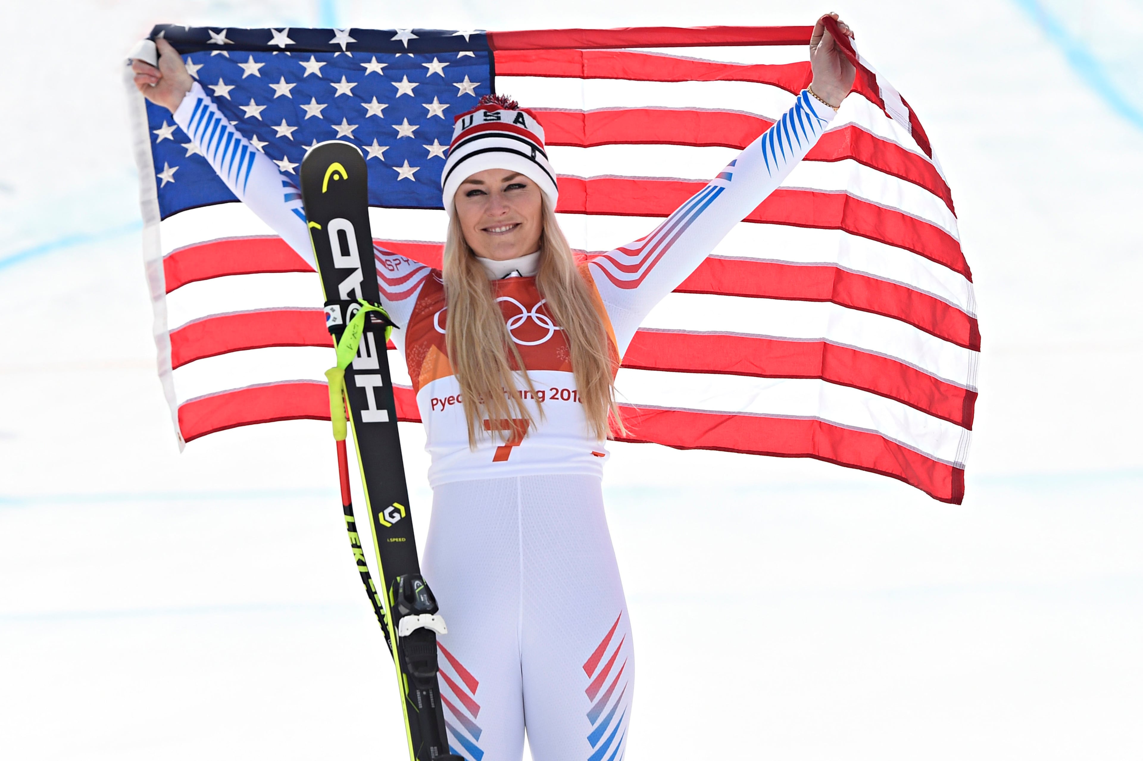PYEONGCHANG-GUN, SOUTH KOREA - FEBRUARY 21: Lindsey Vonn of USA wins the bronze medal during the Alpine Skiing Women's Downhill at Jeongseon Alpine Centre on February 21, 2018 in Pyeongchang-gun, South Korea. (Photo by Alain Grosclaude/Agence Zoom/Getty Images)
