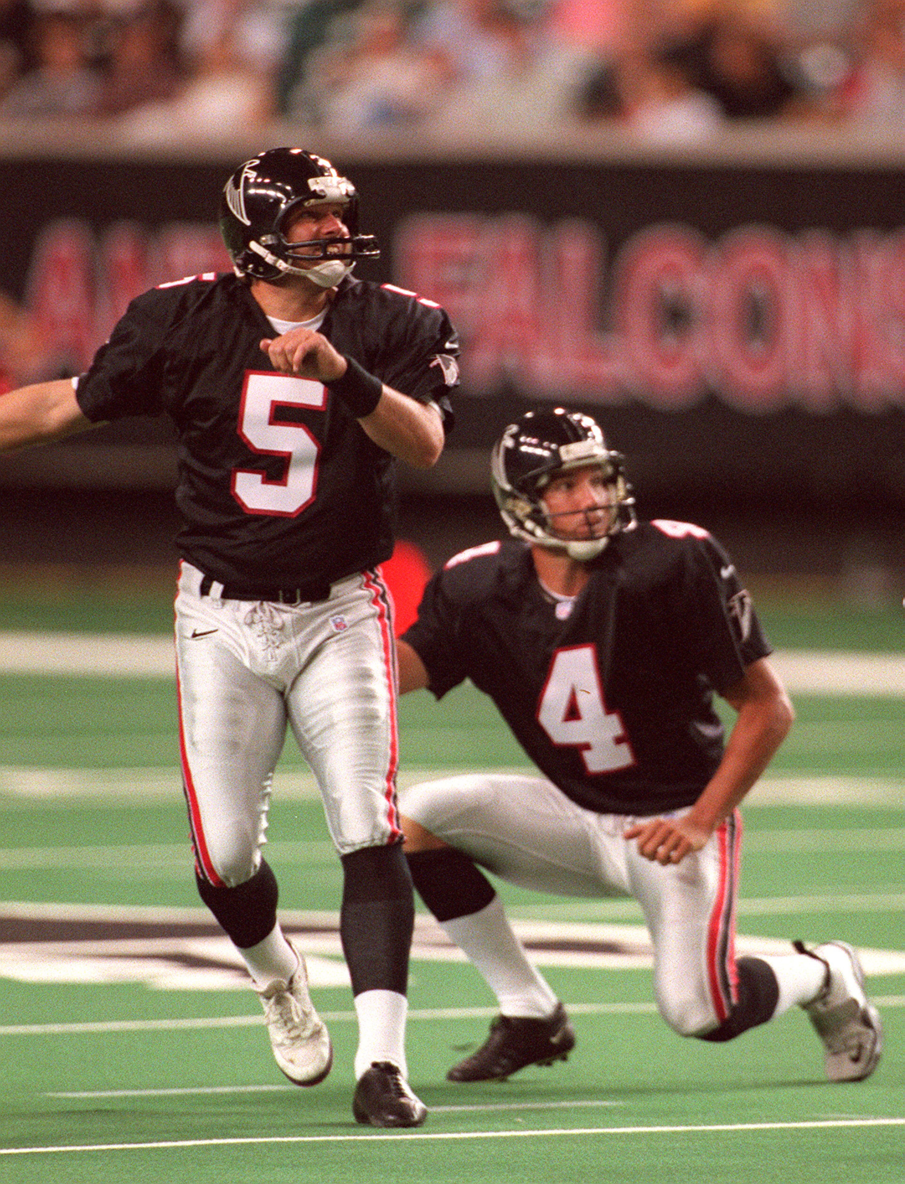 Falcons kicker Morten Andersen (5) and holder Dan Stryzinski.
