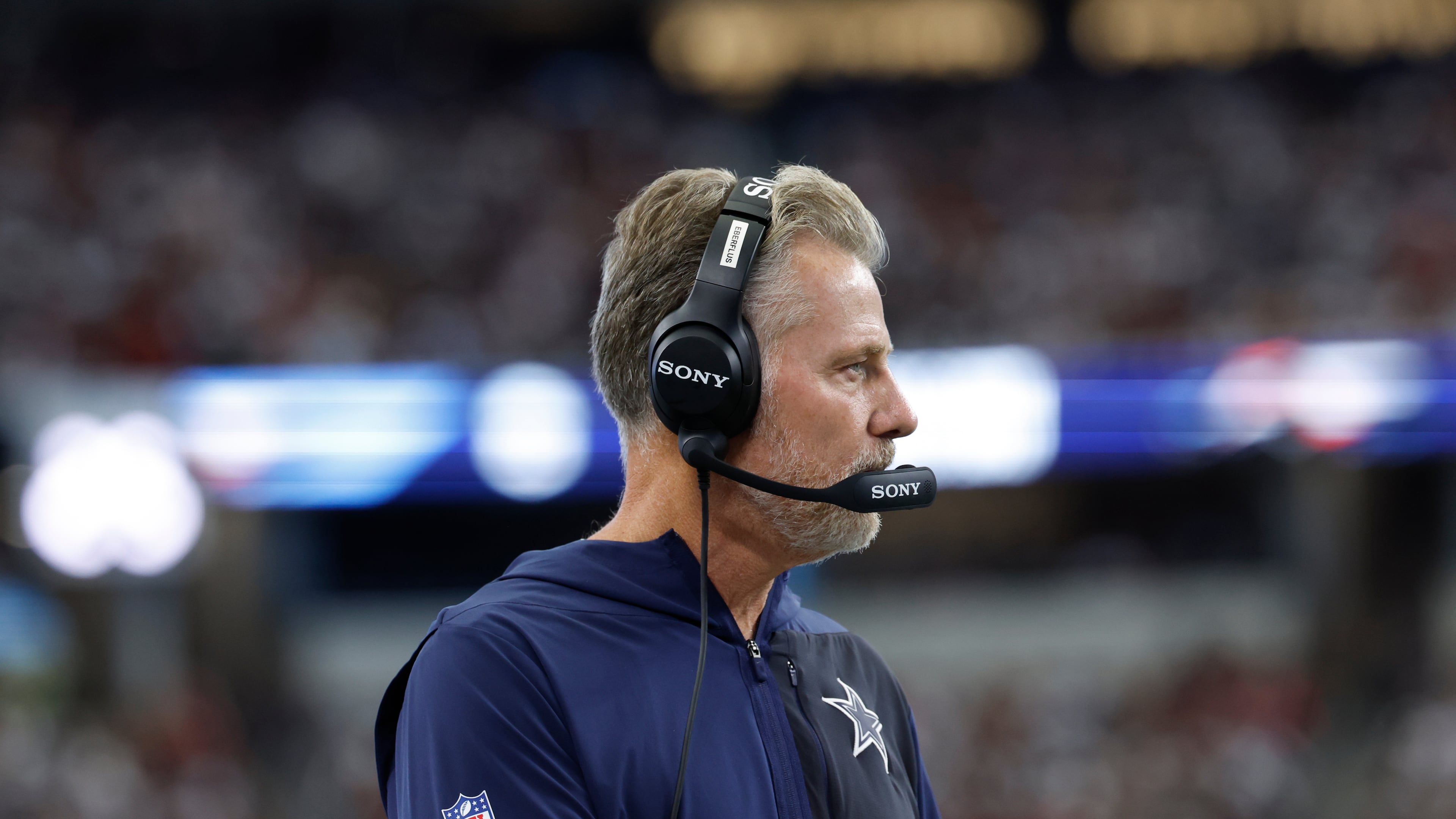 FILE - Dallas Cowboys defensive coordinator Matt Eberflus on the sidelines during a NFL football game against the Washington Commanders on Sunday, Oct. 19, 2025, in Arlington, Texas. (AP Photo/Matt Patterson, File)
