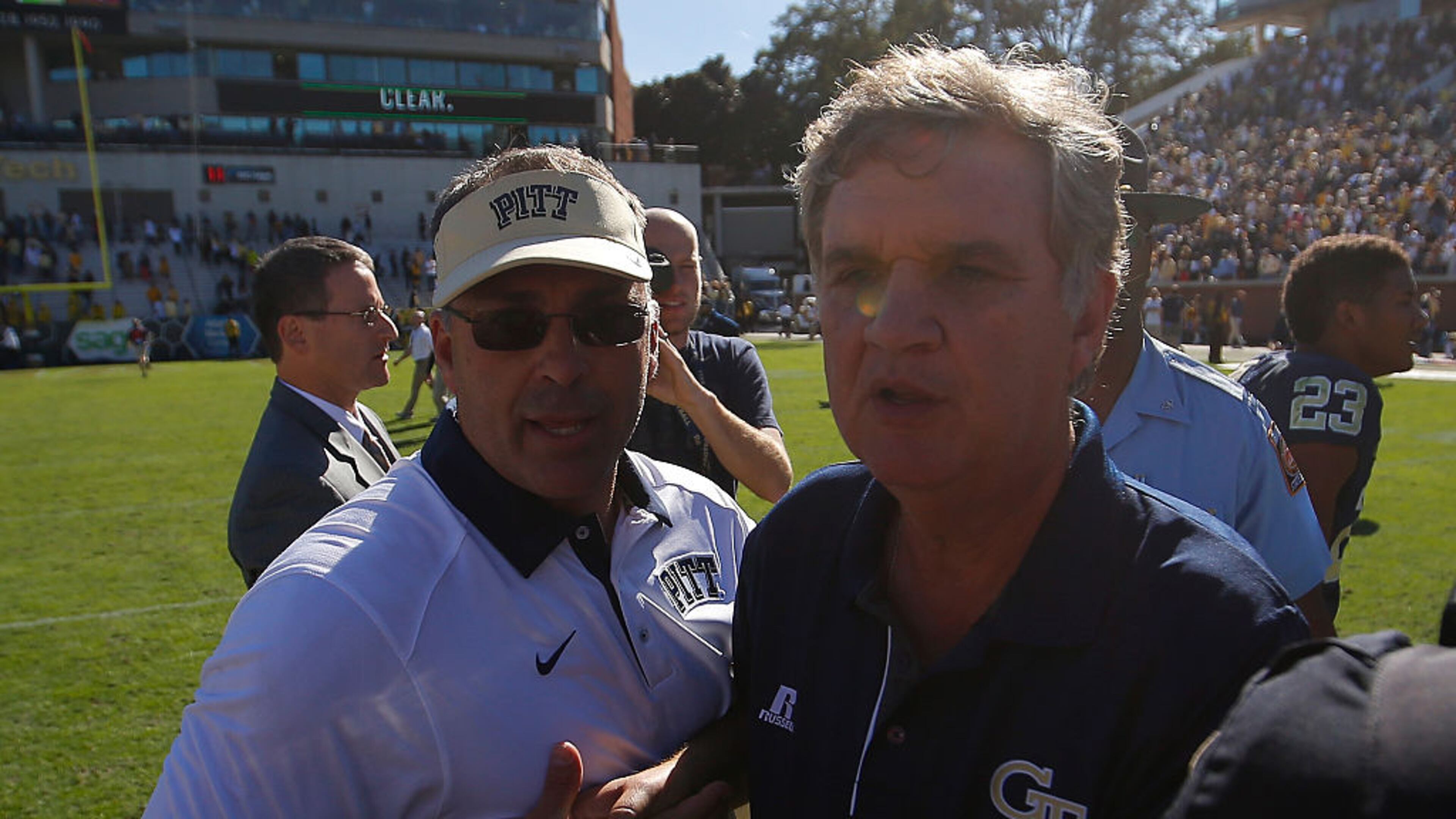ATLANTA, GA - OCTOBER 17: Head coach Pat Narduzzi of the Pittsburgh Panthers shakes hands with head coach Paul Johnson of the Georgia Tech Yellow Jackets after their 31-28 win at Bobby Dodd Stadium on October 17, 2015 in Atlanta, Georgia. (Photo by Kevin C. Cox/Getty Images)