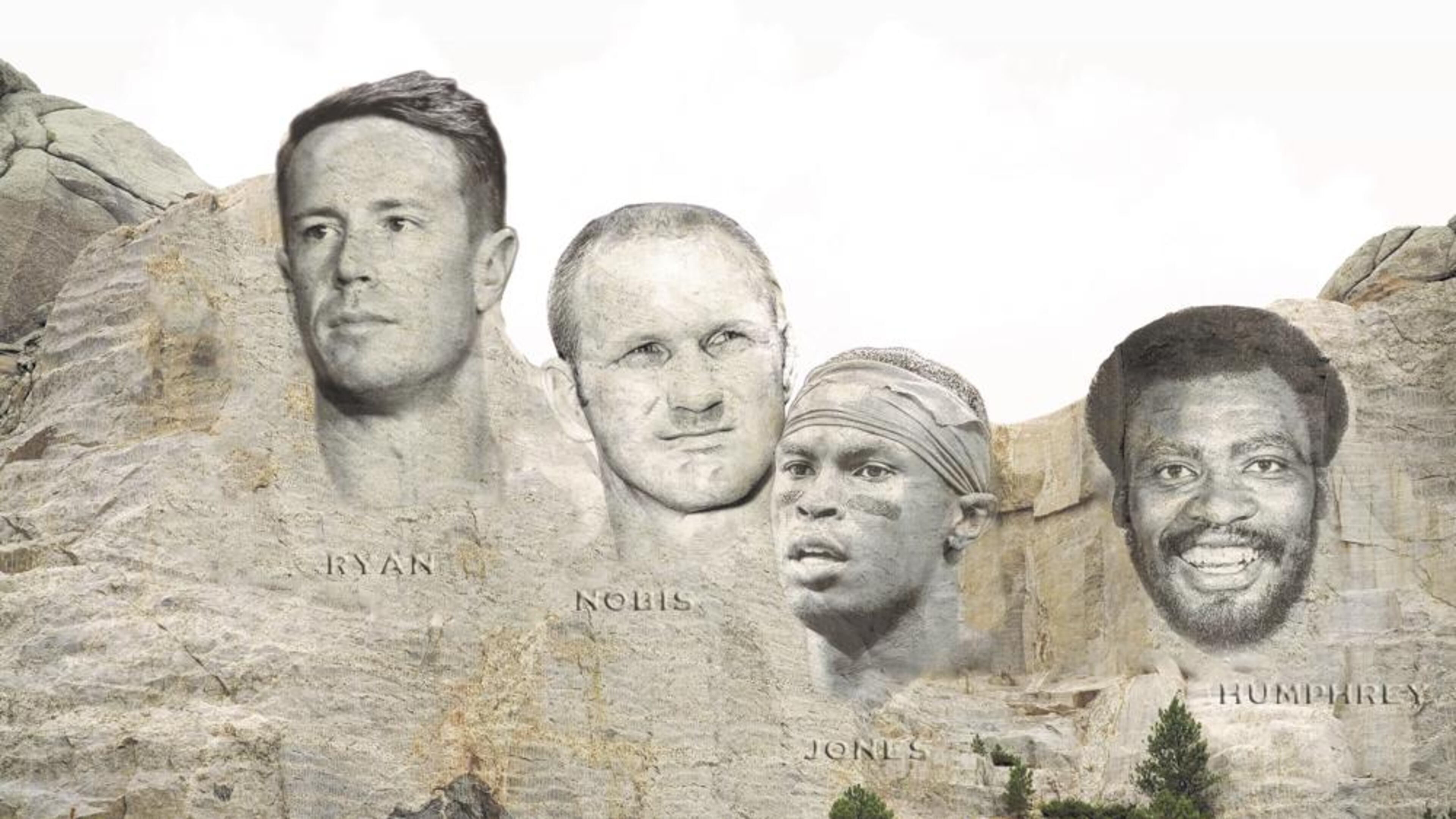 The Falcons Forever Four is evenly split between offense and defense, the past and the present: From left, quarterback Matt Ryan; linebacker Tommy Nobis; wide receiver Julio Jones; defensive end Claude Humphrey. (Graphic by Guy J. Sagi)