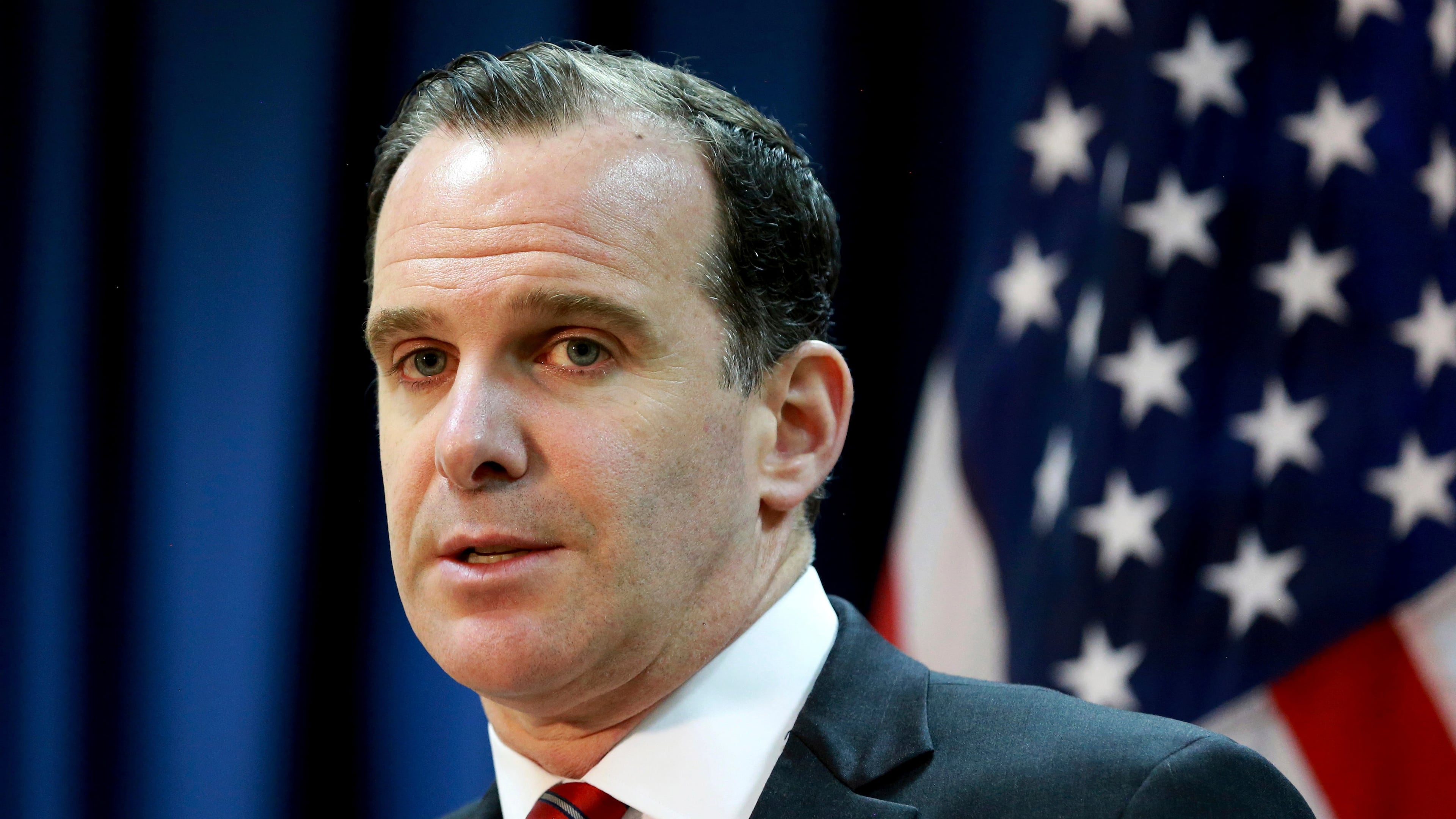FILE - Brett McGurk, the U.S. envoy for the global coalition against IS, speaks during a news conference at the U.S. Embassy Baghdad, Iraq, June 7, 2017. (AP Photo/Hadi Mizban, File)