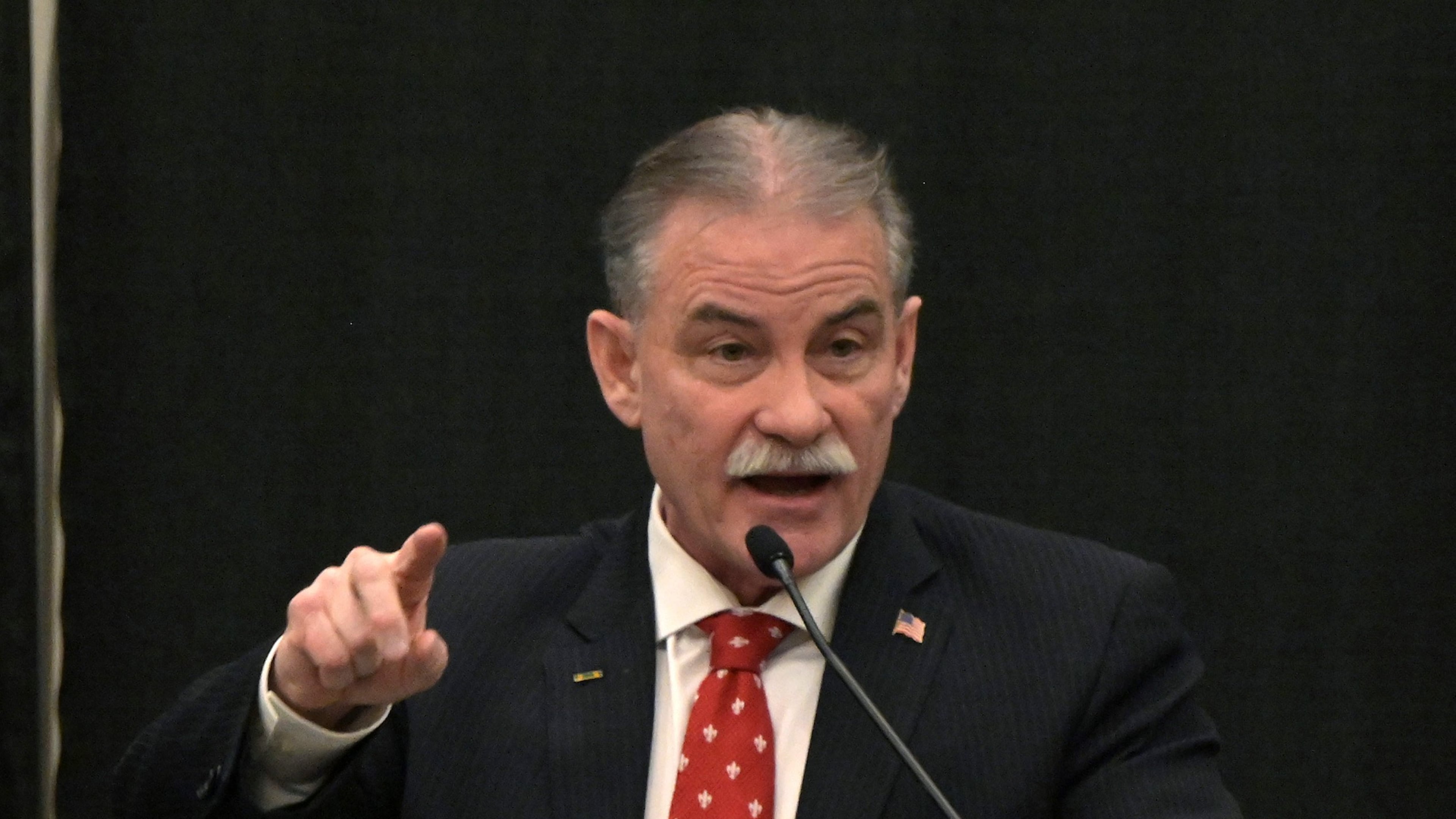 Maine Republican gubernatorial candidate Bobby Charles fields a question from moderator Steve Robinson, editor in chief of The Maine Wire, during a debate of Republican candidates for governor at Cross Insurance Center in Bangor, Maine, Tuesday, March 24, 2026. (Rich Abrahamson/The Central Maine Morning Sentinel via AP)