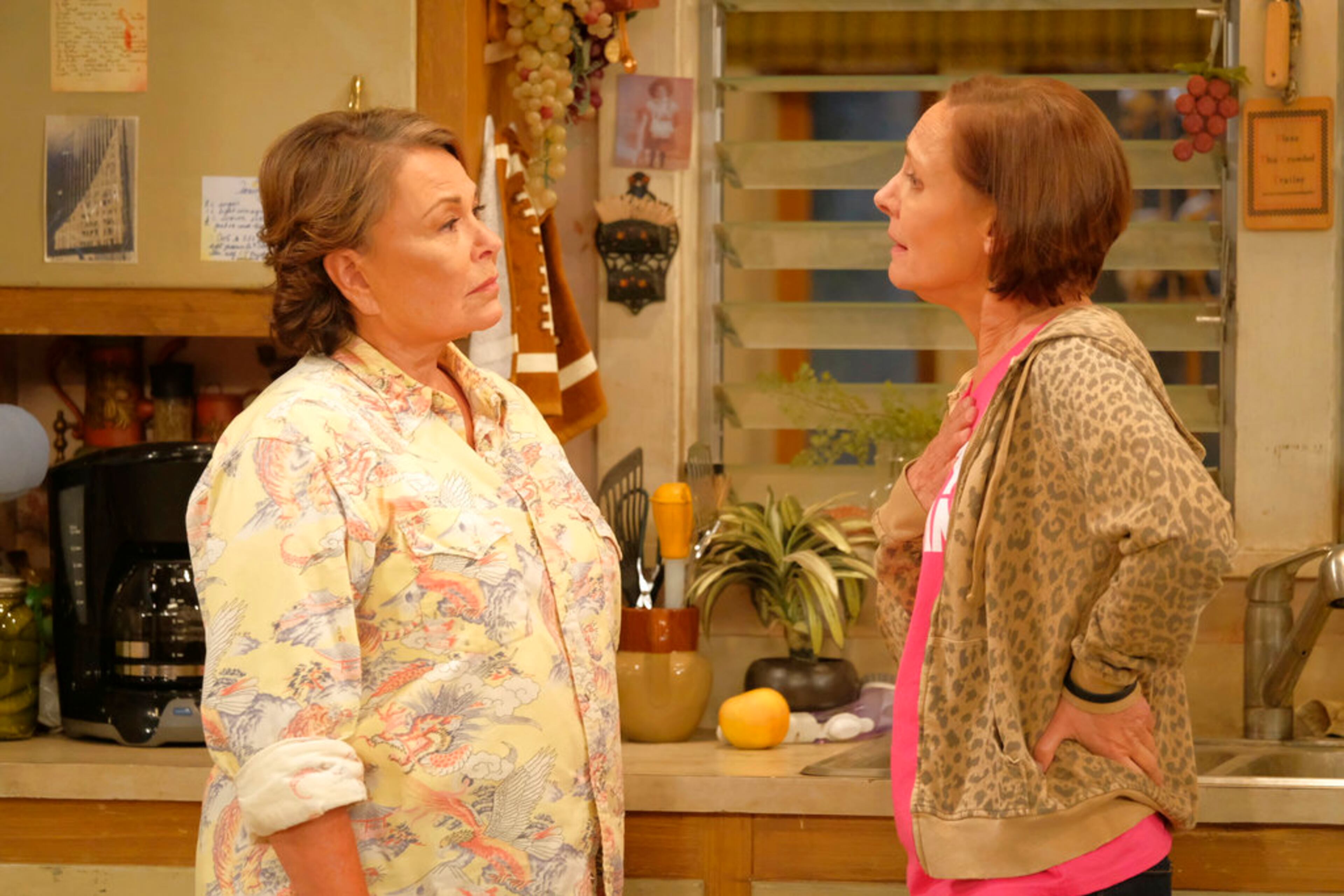 In this image released by ABC, Roseanne Barr, left, and Laurie Metcalf appear in a scene from the comedy series "Roseanne." Mefcalf was nominated Thursday for an Emmy for outstanding supporting actress in a comedy series. The 70th Emmy Awards will be held on Monday, Sept. 17. (Adam Rose/ABC via AP)