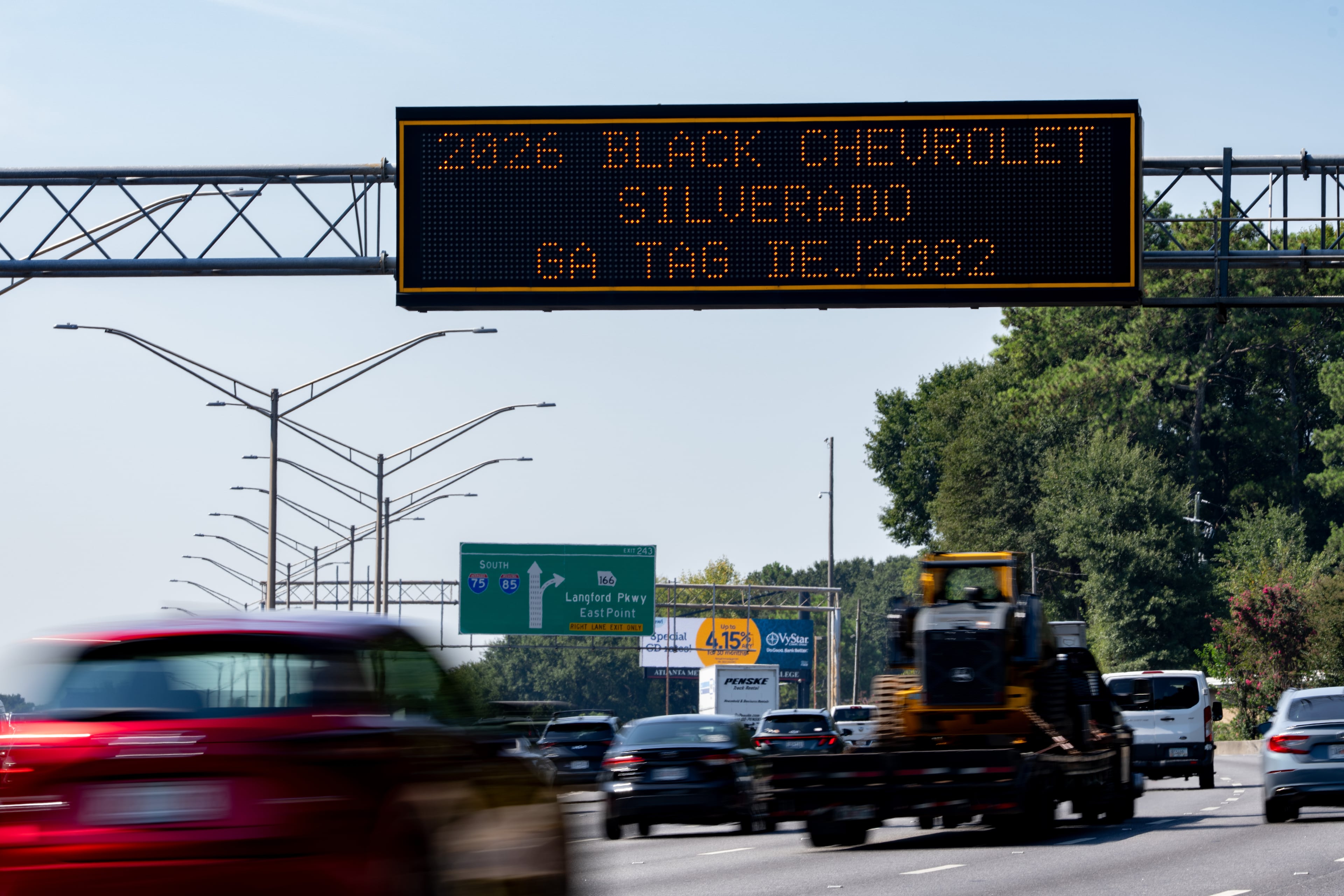 A sign on I-75/I-85 South alerts motorists to be on the lookout for a black Chevrolet Silverado on Wednesday, Sept. 2, 2026. The GBI said its search for Jimmie Steverson, who the agency says was traveling in a black Silverado and is wanted in the death of a Warm Springs police officer, ended Wednesday morning. (Ben Hendren for the AJC)