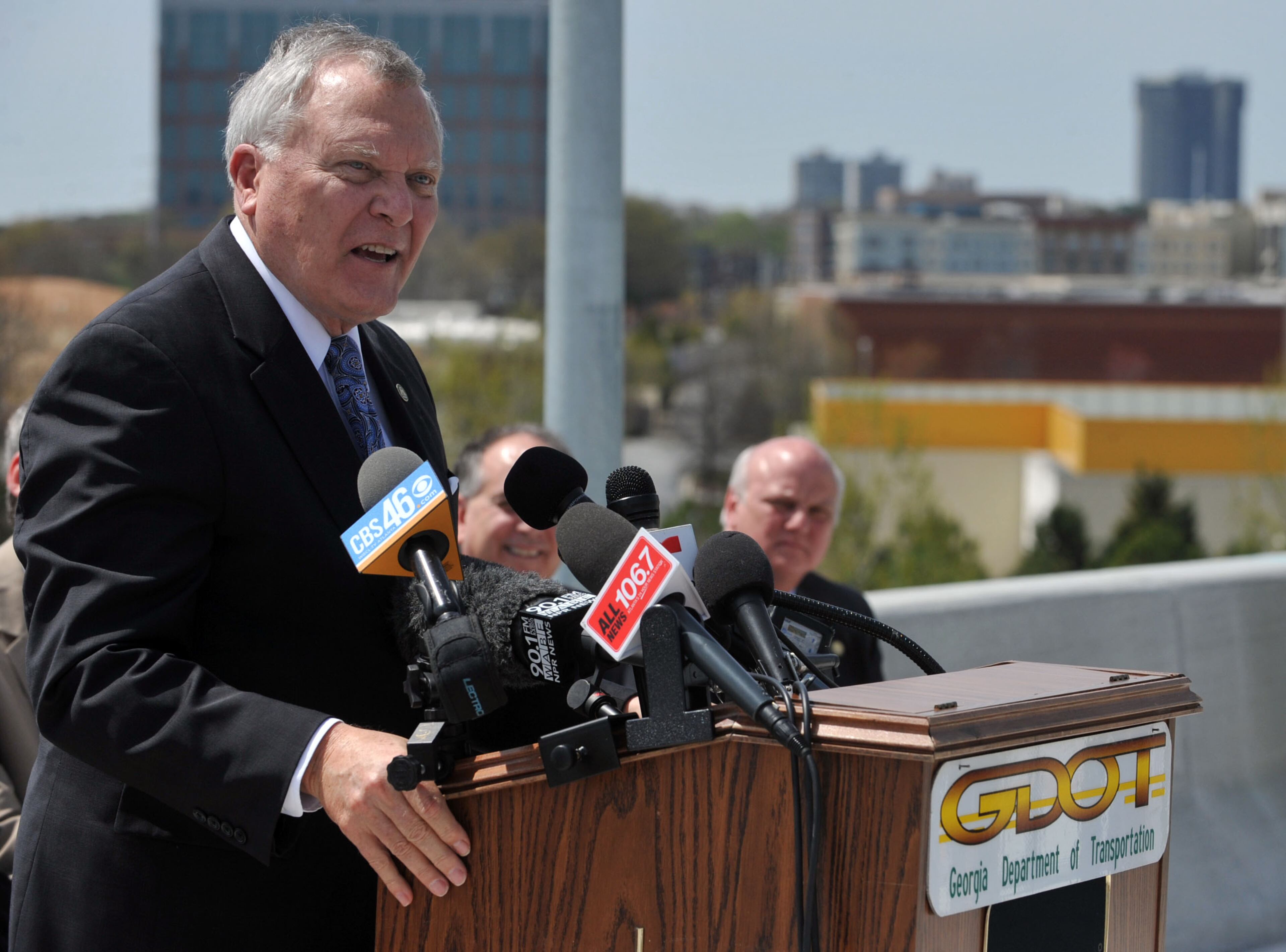 Governor Nathan Deal gives remarks during the program. Deal and other state and local leaders conducted a brief ribbon-cutting celebration of the opening of the new flyover ramps Wednesday, April 2, 2014. The ramps provide I-85 southbound traffic with direct access to GA 400 northbound and also give GA 400 southbound motorists a direct ramp to I-85 northbound.