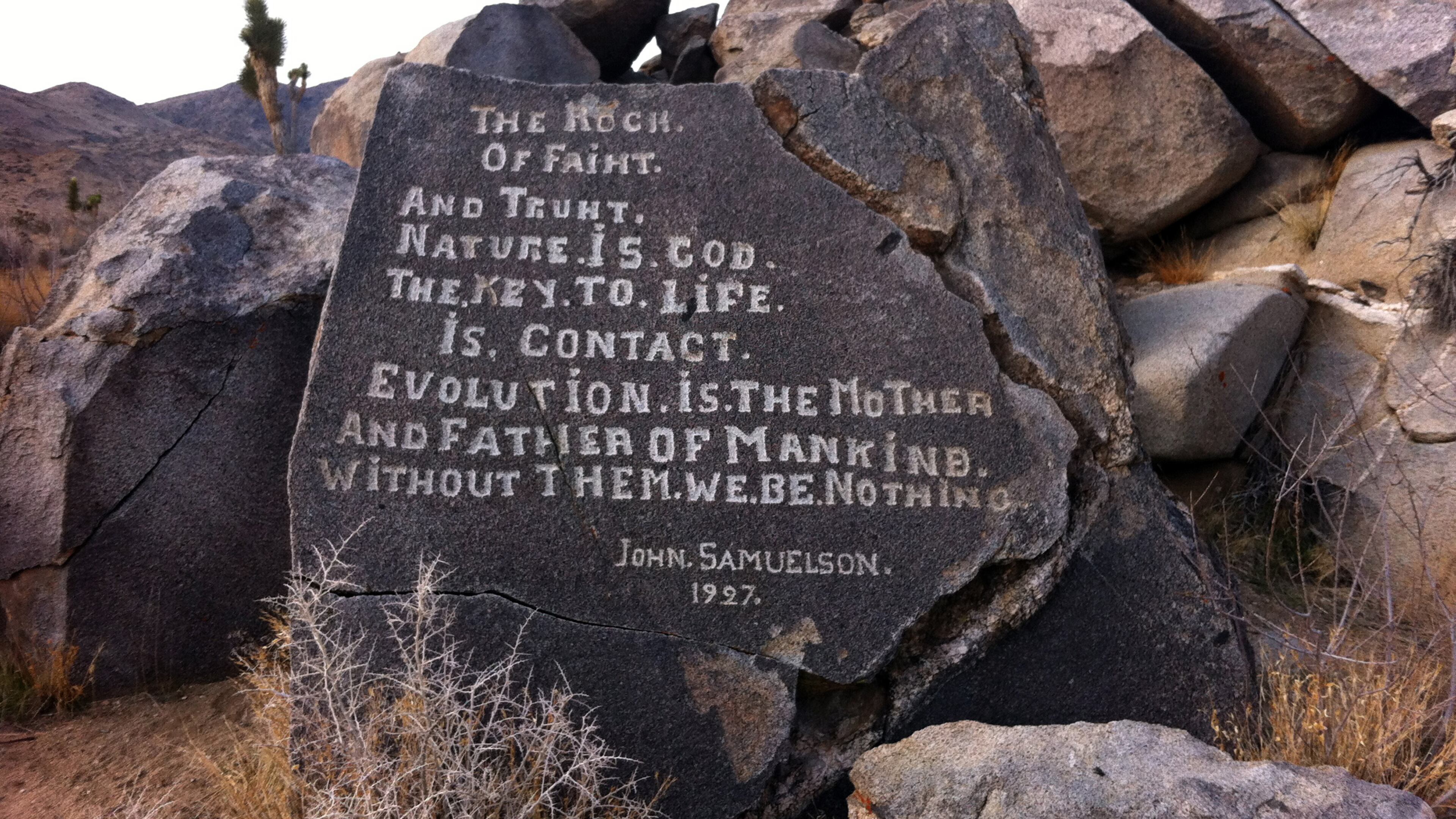 Visitors to Joshua Tree National Park have a hard time finding the collection of boulders, Samuelson's Rocks, that Swedish immigrant John Samuelson carved anti-government and anti-religion messages into. Samuelson carved his thoughts on seven boulders in the late 1920s. (Sam McManis/Sacramento Bee/MCT)