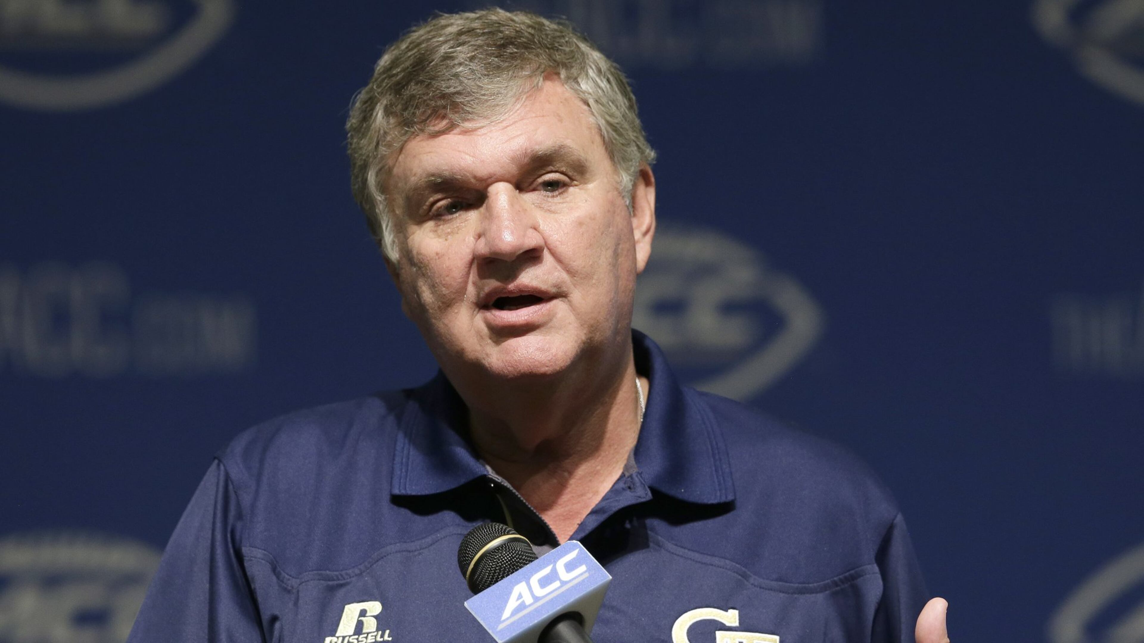 Georgia Tech coach Paul Johnson responds to questions during the ACC football kickoff in Pinehurst, N.C., Tuesday, July 21, 2015. (AP Photo/Gerry Broome)