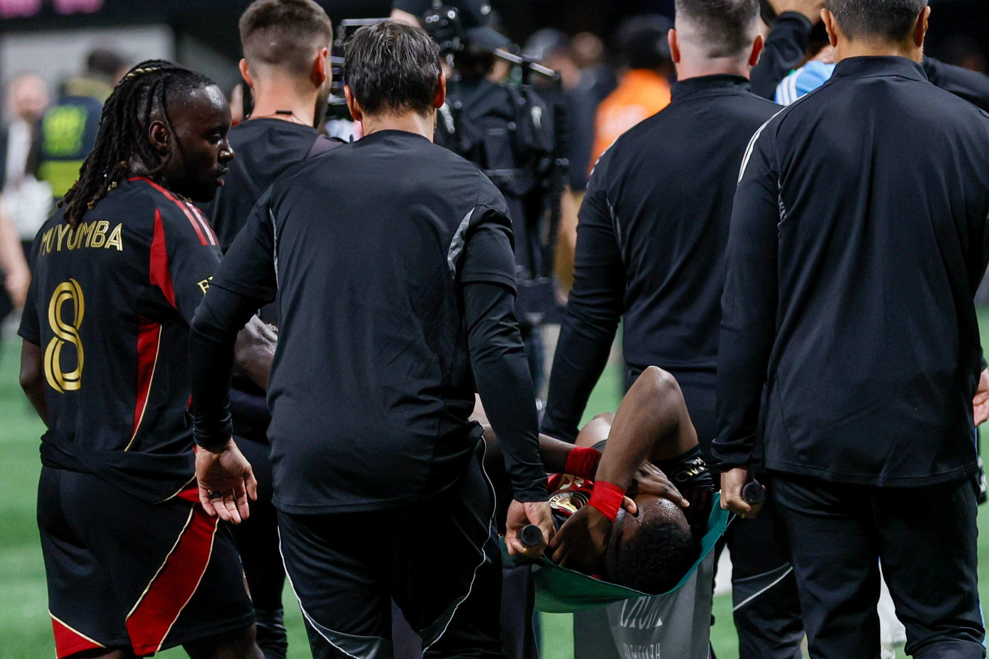Atlanta United forward Edwin Mosquera was taken off on a stretcher by medical staff following the conclusion of the match, in which Atlanta United lost 2-1 to Inter Miami at Mercedes-Benz Stadium on Sunday, March 16, 2025, in Atlanta. (Miguel Martinez/ AJC)