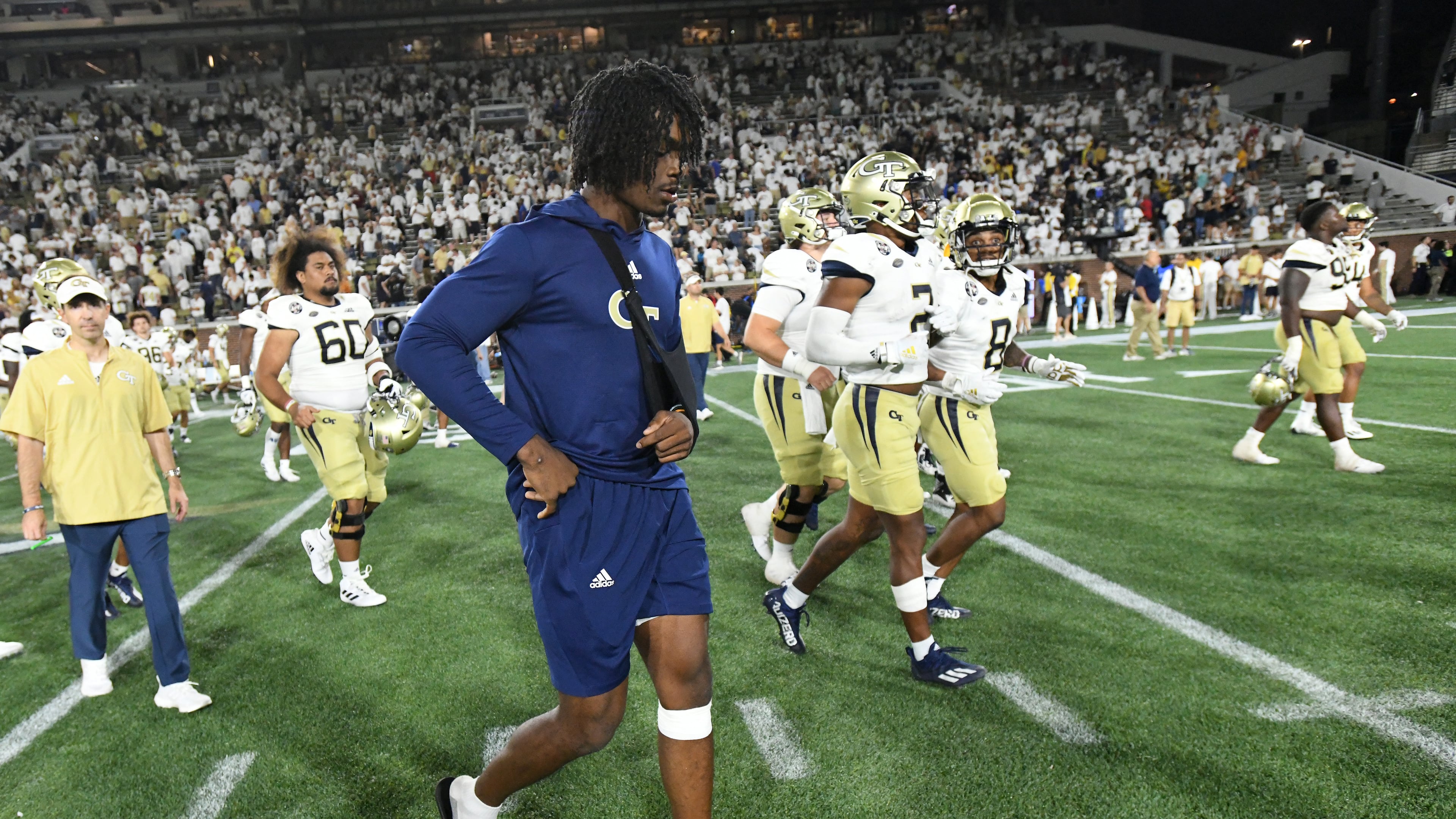 Georgia Tech's quarterback Jeff Sims (10) leaves the football field after Georgia Tech lost during an NCAA college football game at Georgia Tech's Bobby Dodd Stadium in Atlanta on Saturday, September 4, 2021. (Hyosub Shin / Hyosub.Shin@ajc.com)