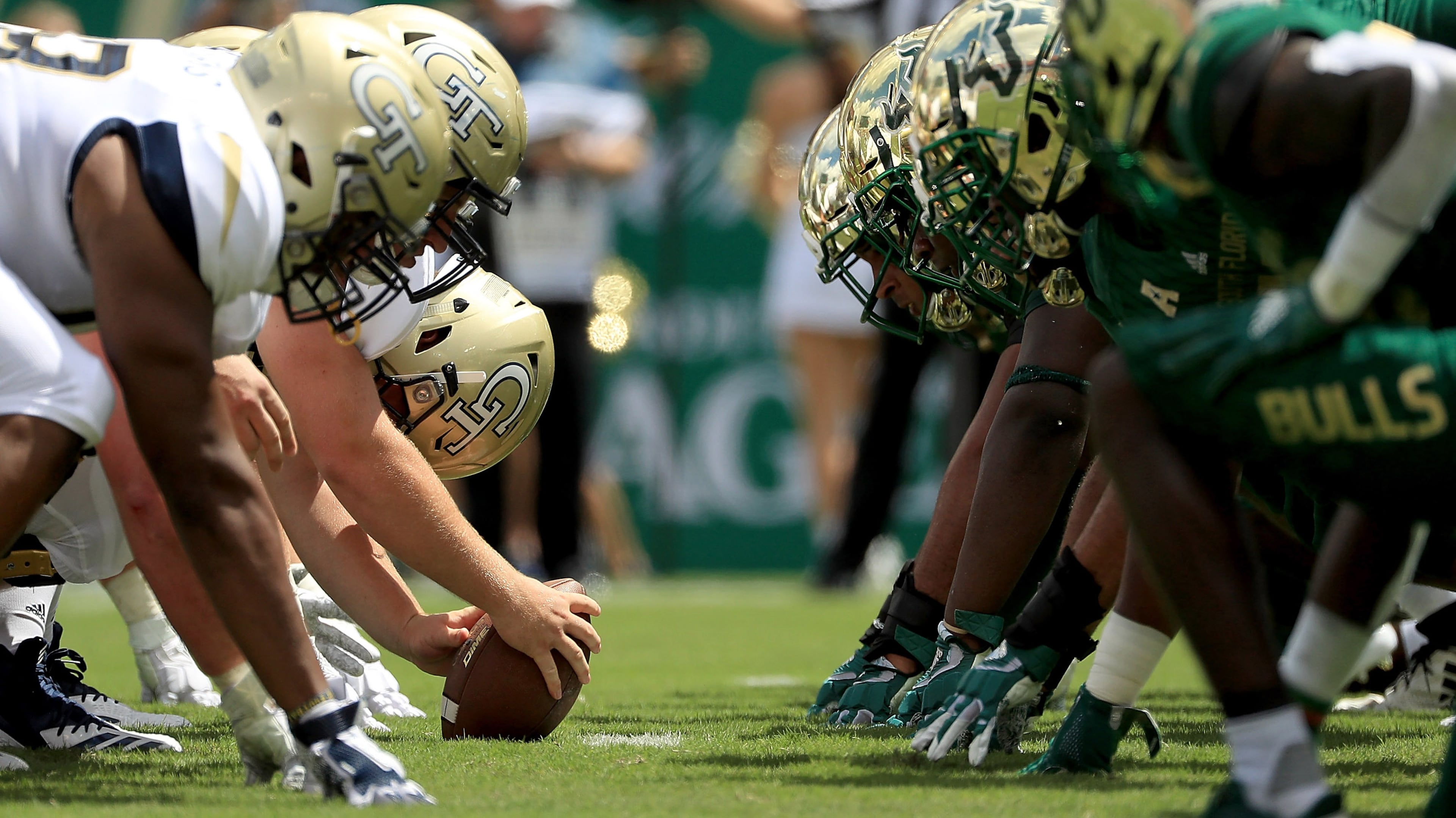 The Georgia Tech Yellow Jackets line up against the South Florida Bulls during a game Sept. 8, 2018, at Raymond James Stadium on in Tampa, Fla.