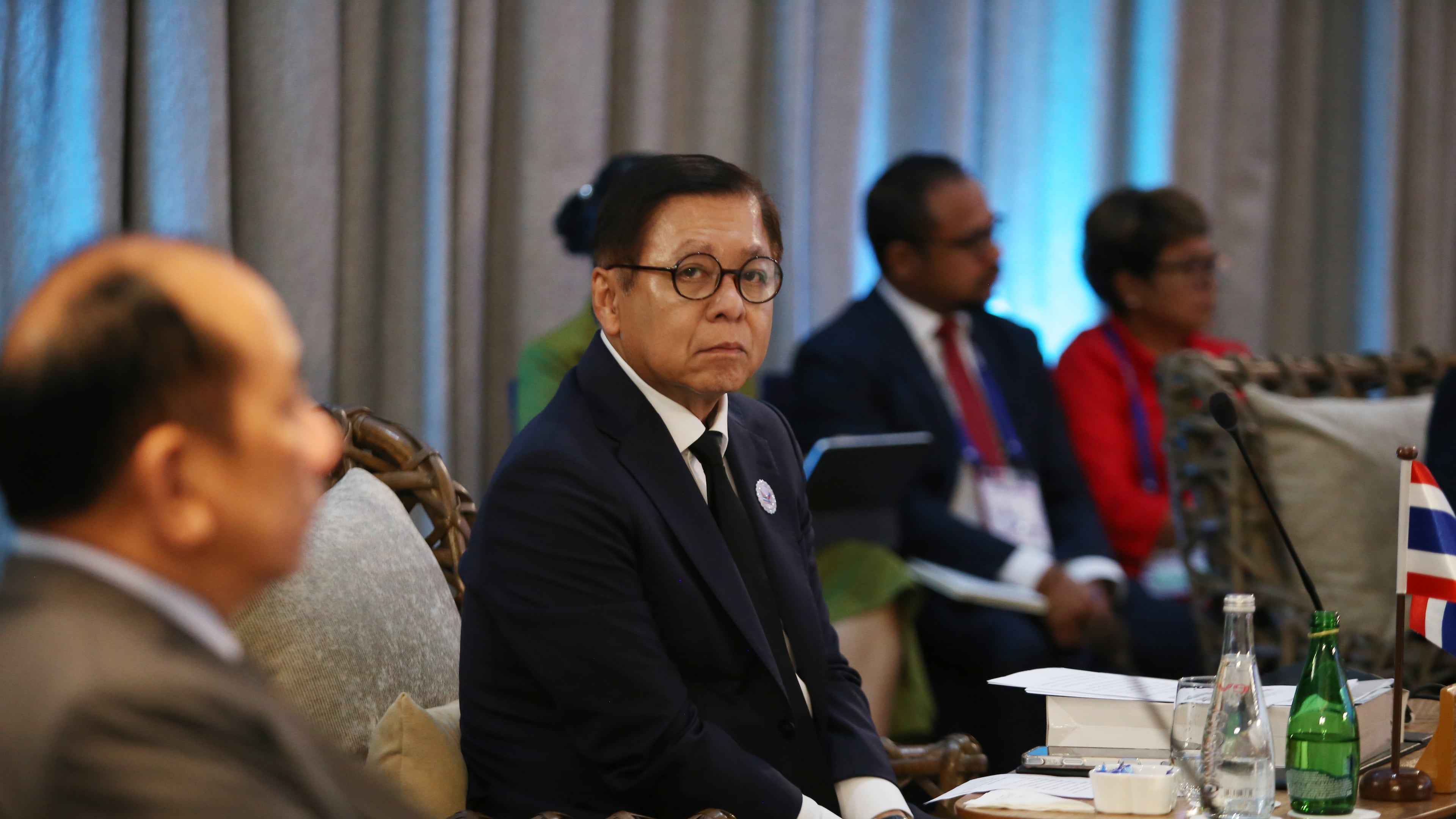 CORRECTS ID - Thai Foreign Minister Sihasak Phuangketkeow, center, attends the Association of Southeast Asian Nations (ASEAN) Foreign Ministers' Retreat in Cebu, Philippines Thursday, Jan. 29, 2026. (AP Photo/Jacqueline Hernandez, Pool)