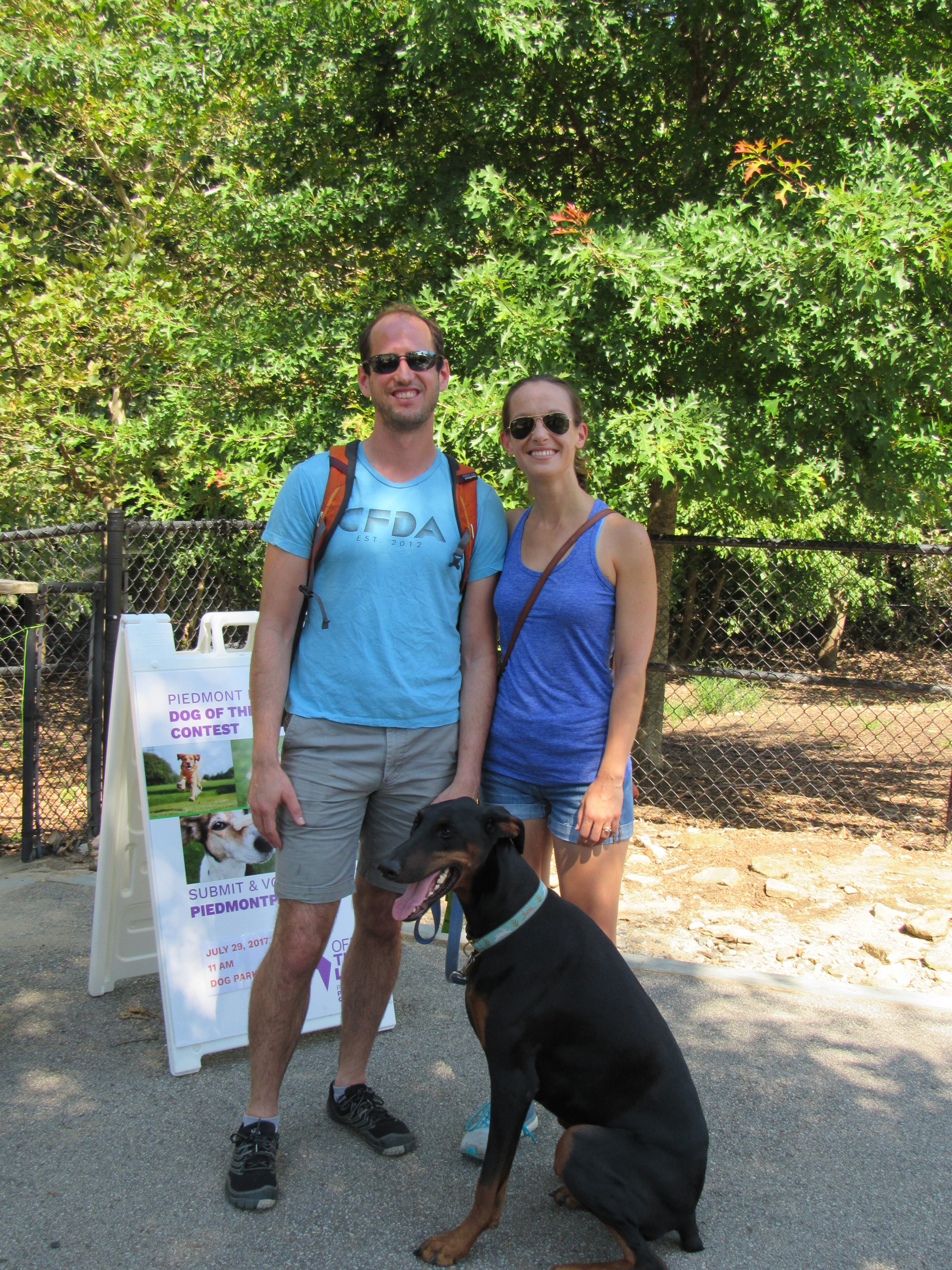 Chris and Jennifer Beauregard with Ponce, Piedmont Park’s Dog of the Year.