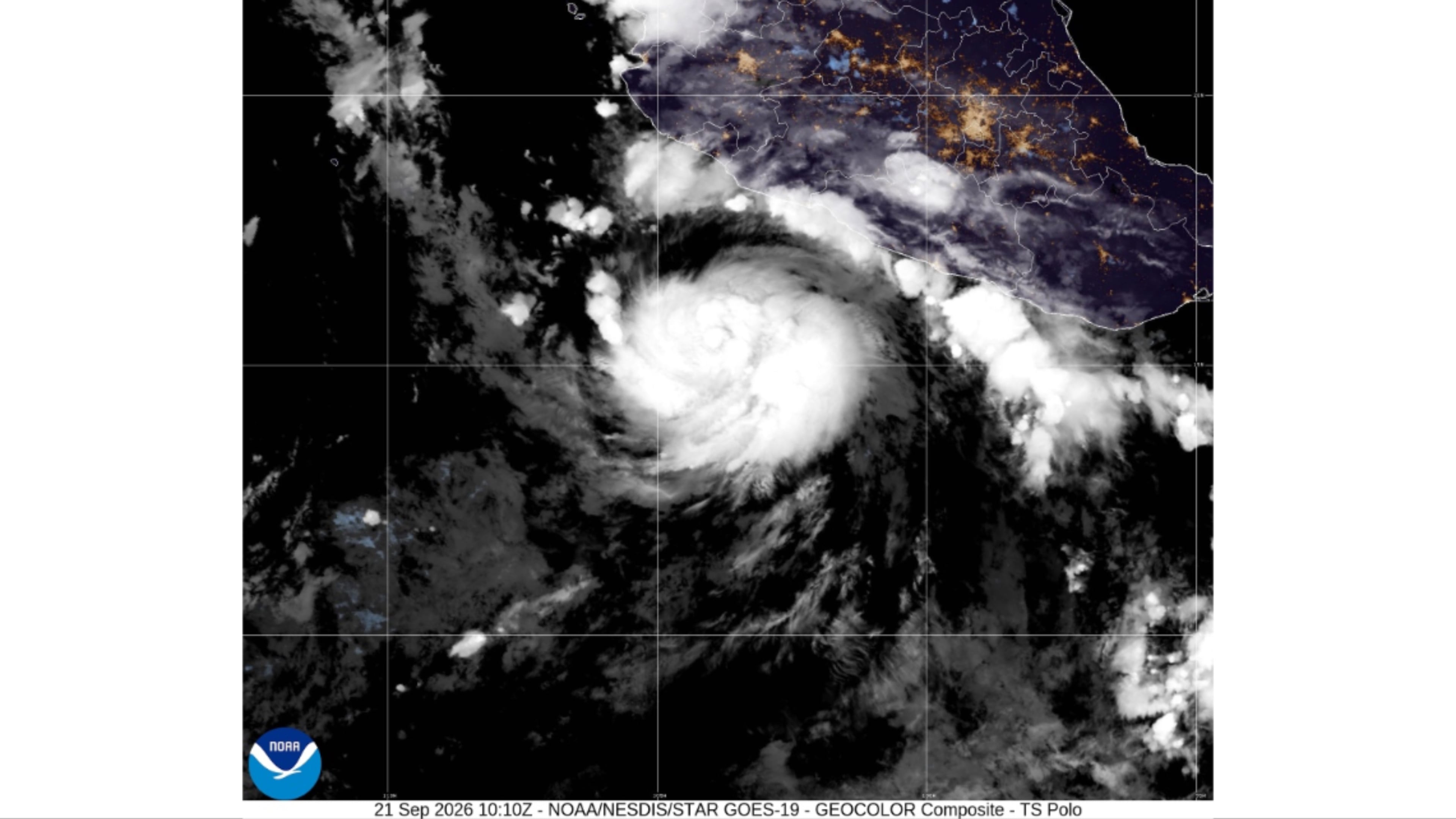 This satellite image from the National Oceanic and Atmospheric Administration shows Tropical Storm Polo, Monday, Sept. 21, 2026. (NOAA via AP)
