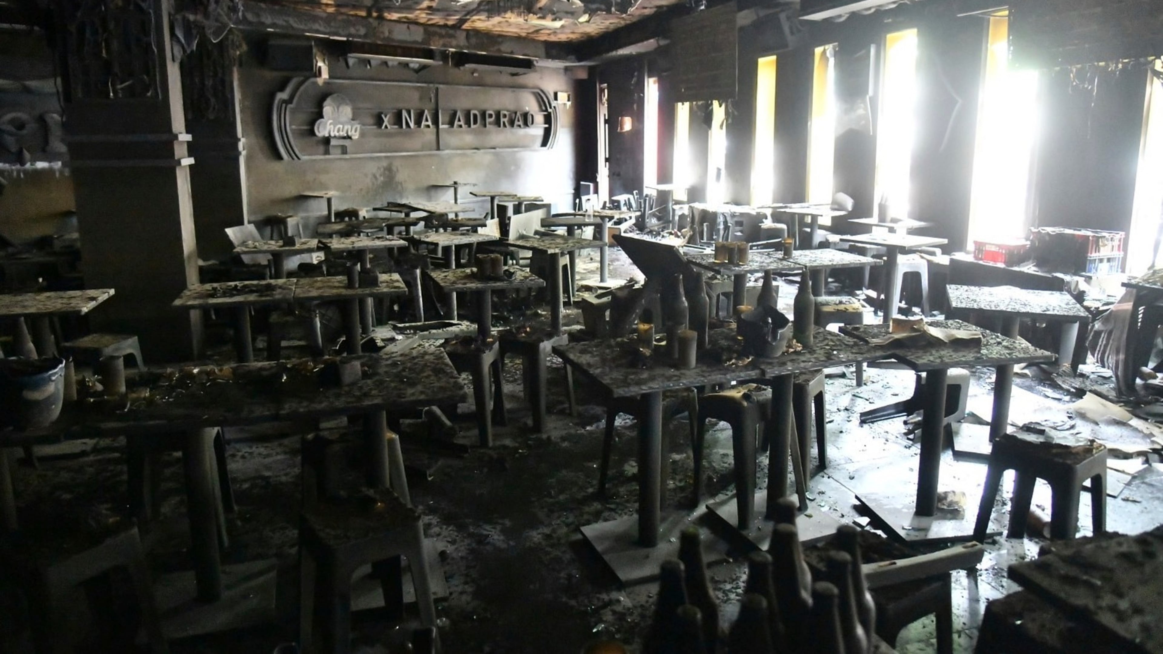 In this handout photo released by Bangkok Metropolitan Administration, the interior of a beer bar is seen after a fire in Bangkok, Thailand, Monday, July 13, 2026. (Bangkok Metropolitan Administration via AP)