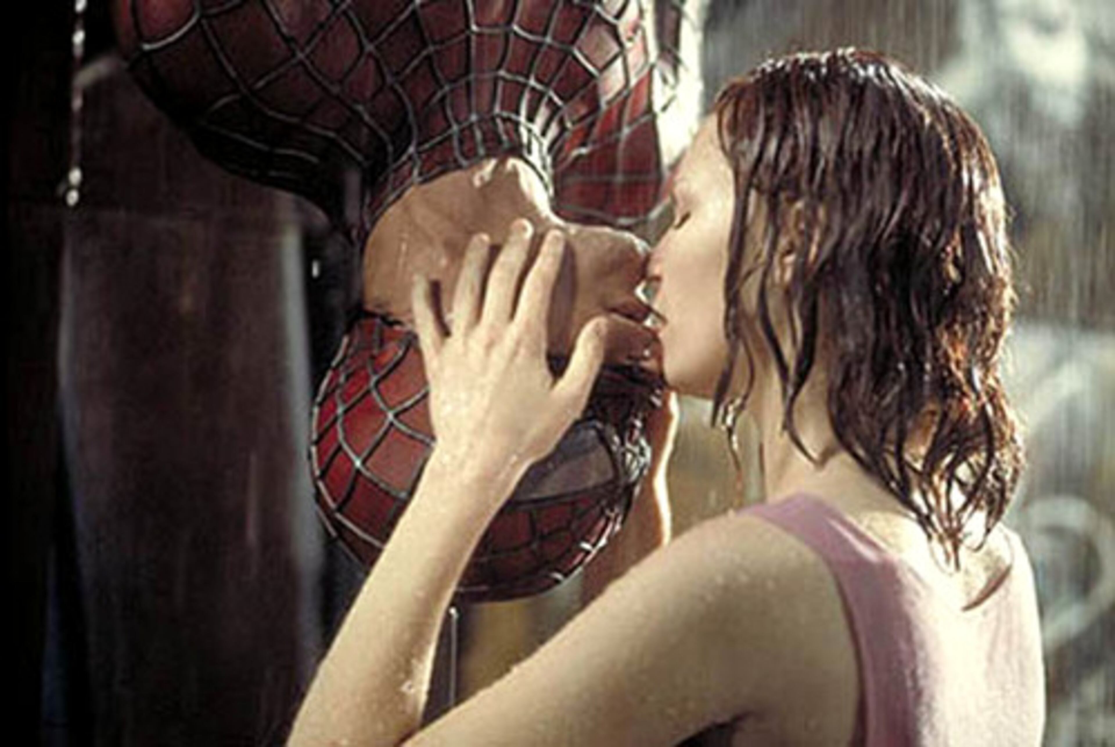 Sometimes you just have to switch things up. So take a leotard-clad superhero, hang him upside down and add in some rain, and what do you get? The sexy moment Spider-man (Tobey Maguire) and Mary Jane (Kirsten Dunst) share in 'Spider-Man.'