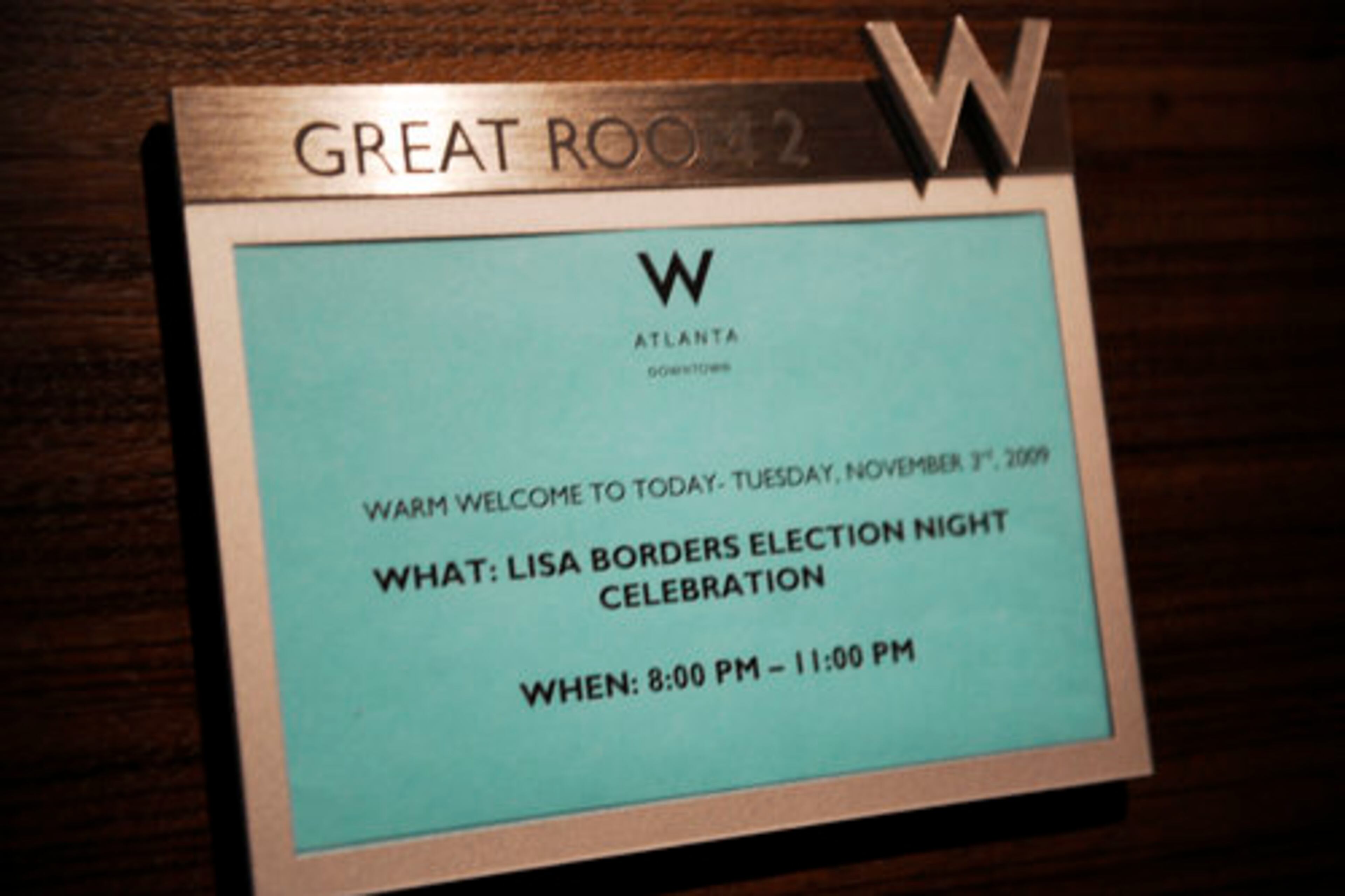 Borders' election night celebration is held at the W Hotel in downtown Atlanta.