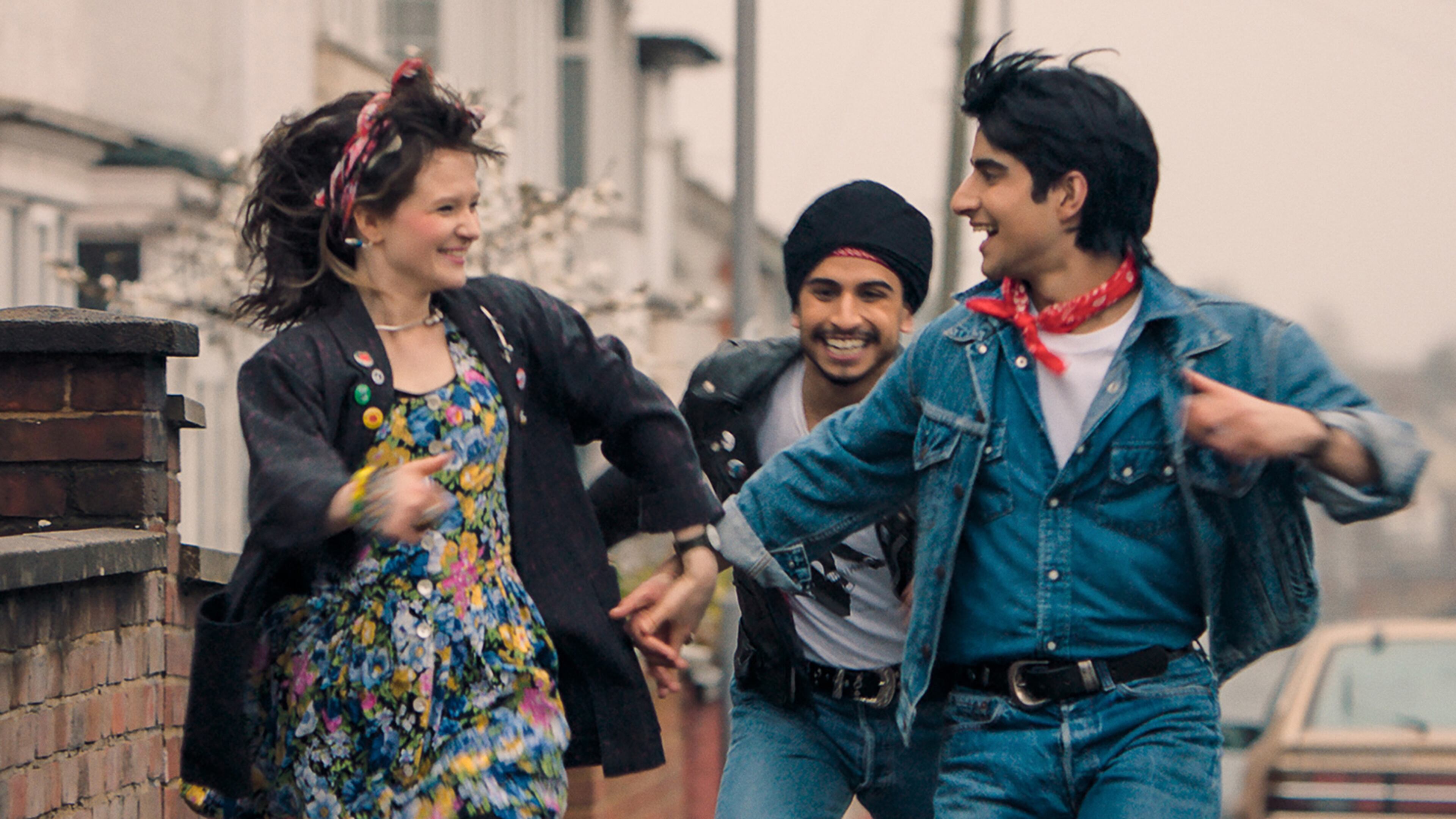 Nell Williams (from left), Aaron Phagura and Viveik Kalra star in “Blinded by the Light.” Warner Bros. Pictures