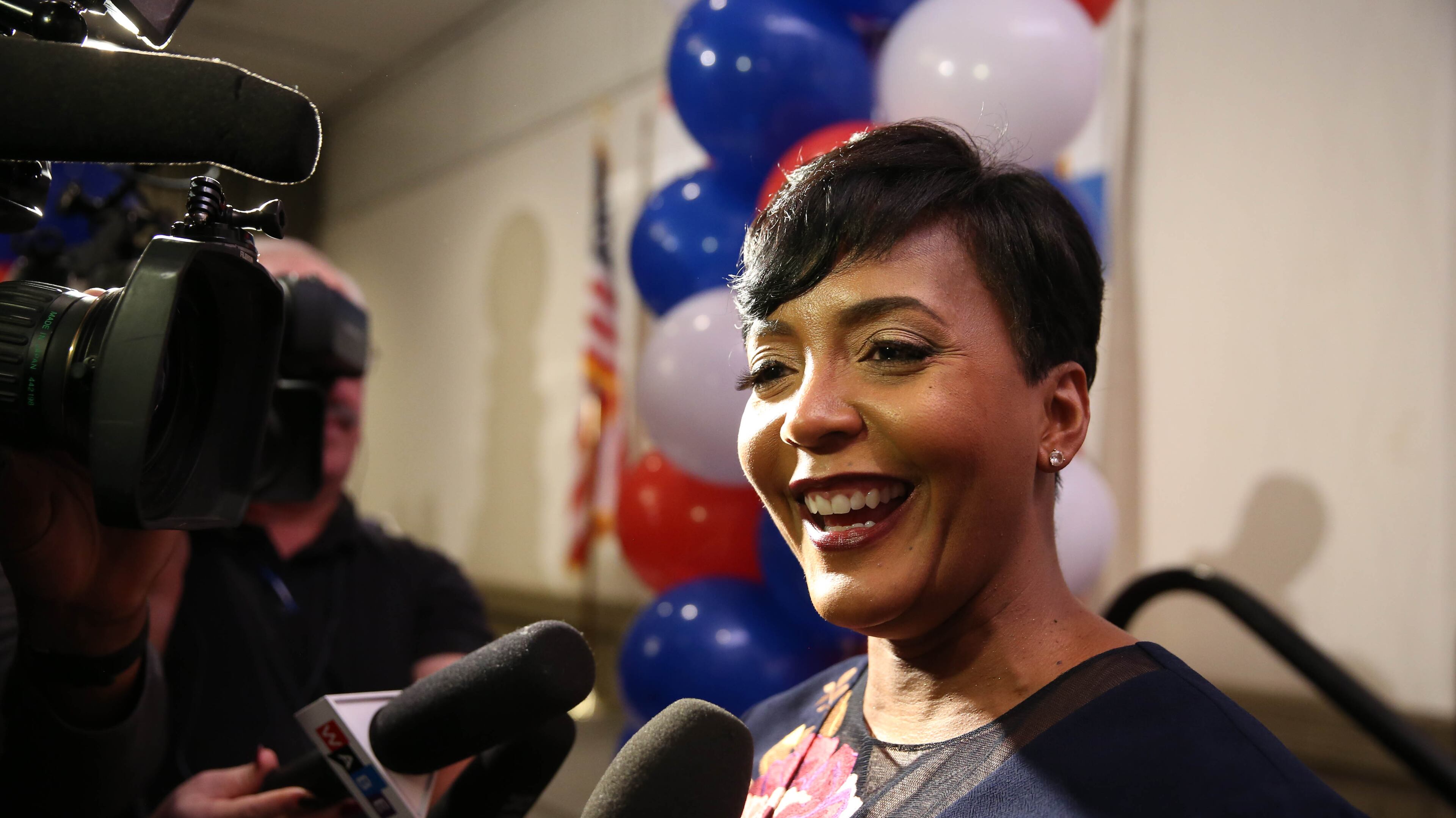 Atlanta mayoral candidate Keisha Lance Bottoms speaks to reporters during her election watch party at the Hyatt Regency Atlanta on Tuesday. PHOTO/JASON GETZ