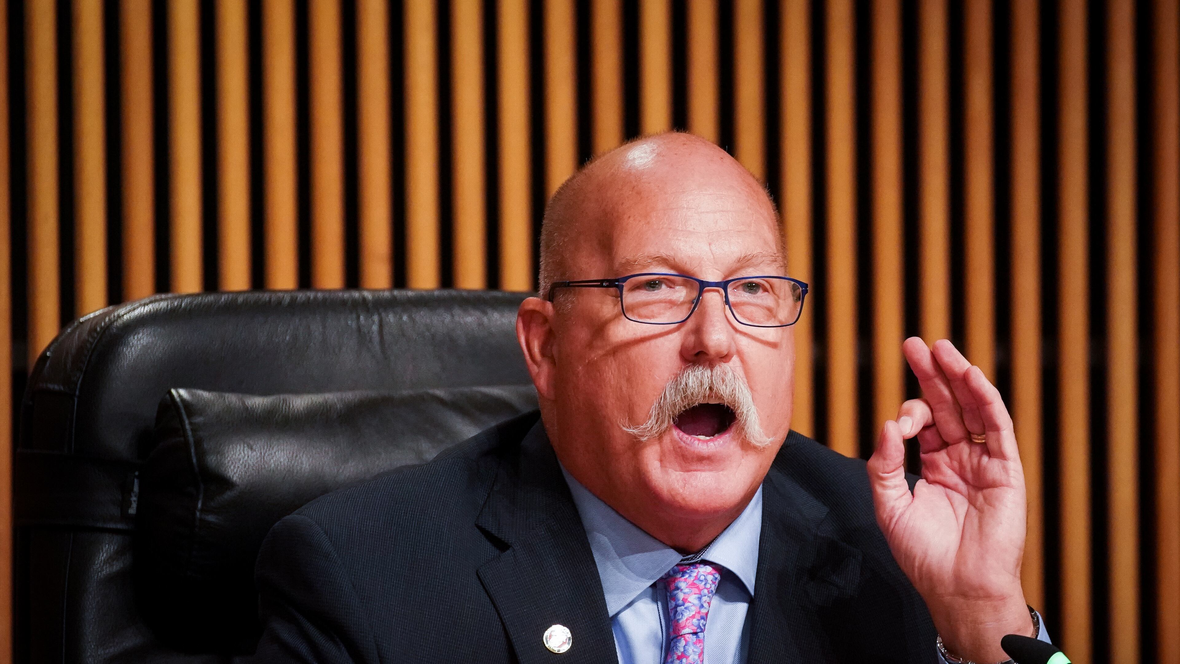 D. A. King, president and founder of the Dustin Inman Society, speaks during a community engagement discussion on immigration organized by Gwinnett Commissioner Marlene Fosque at the Gwinnett Justice and Administration Center on Wednesday, July 31, 2019, in Lawrenceville. ELIJAH NOUVELAGE/SPECIAL TO THE AJC