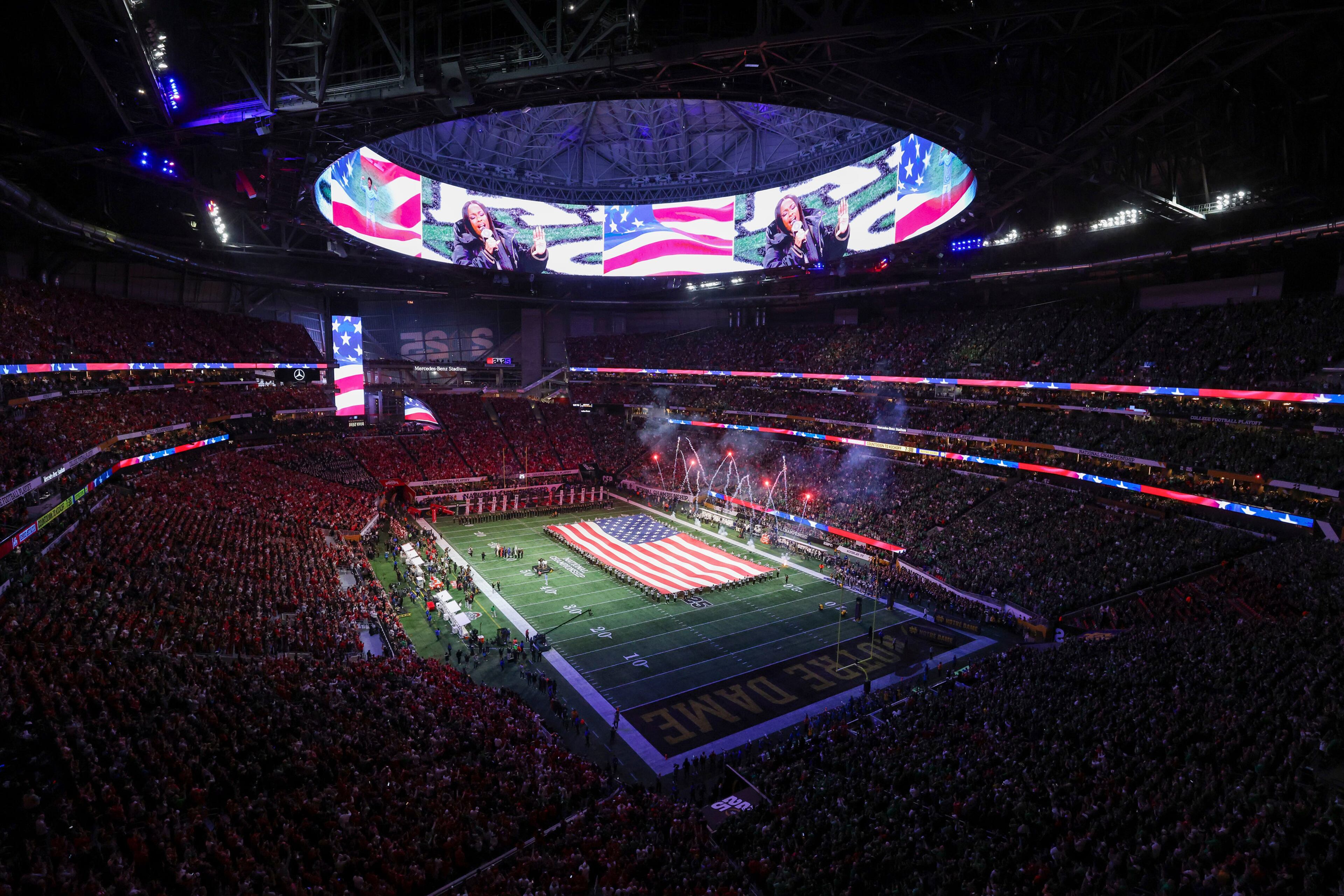 Fireworks go off during the national anthem before the 2025 National Championship between Ohio State and Notre Dame at Mercedes-Benz Stadium, Monday, Jan. 20, 2025, in Atlanta. (Jason Getz/The Atlanta Journal-Constitution/TNS)