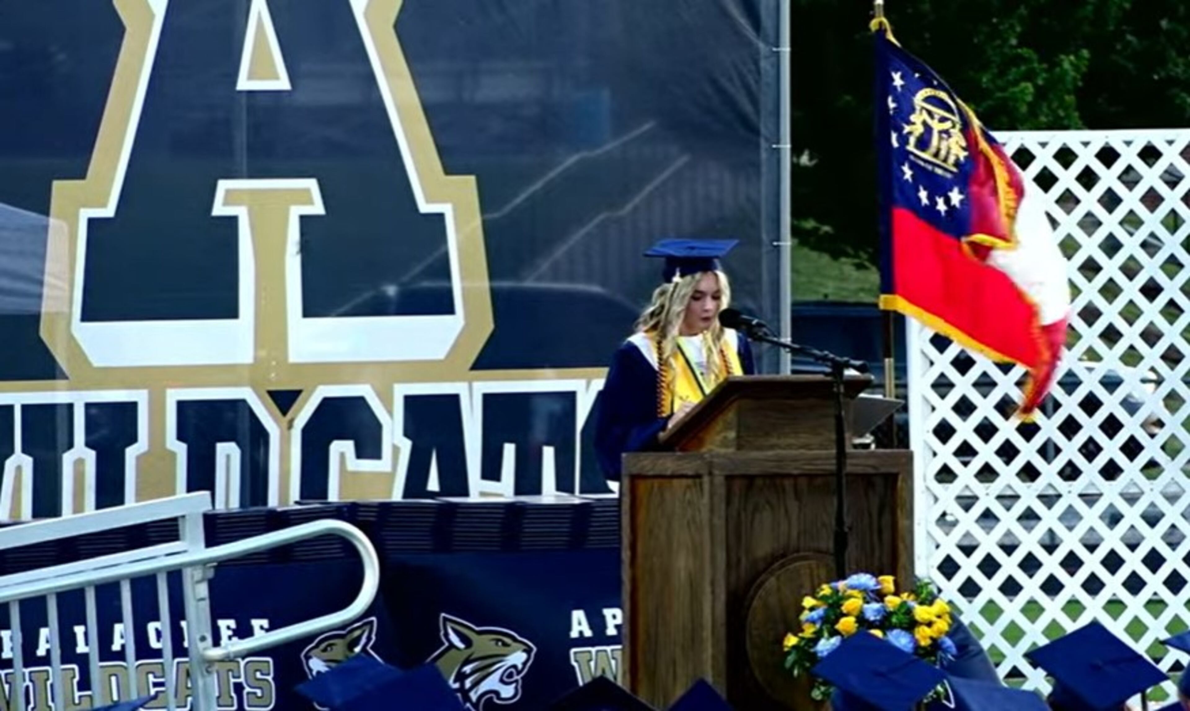 Valedictorian Kaleigh Spencer addresses her peers at the Apalachee High School graduation ceremony on May 22, 2025. (Photo courtesy Barrow County Schools)