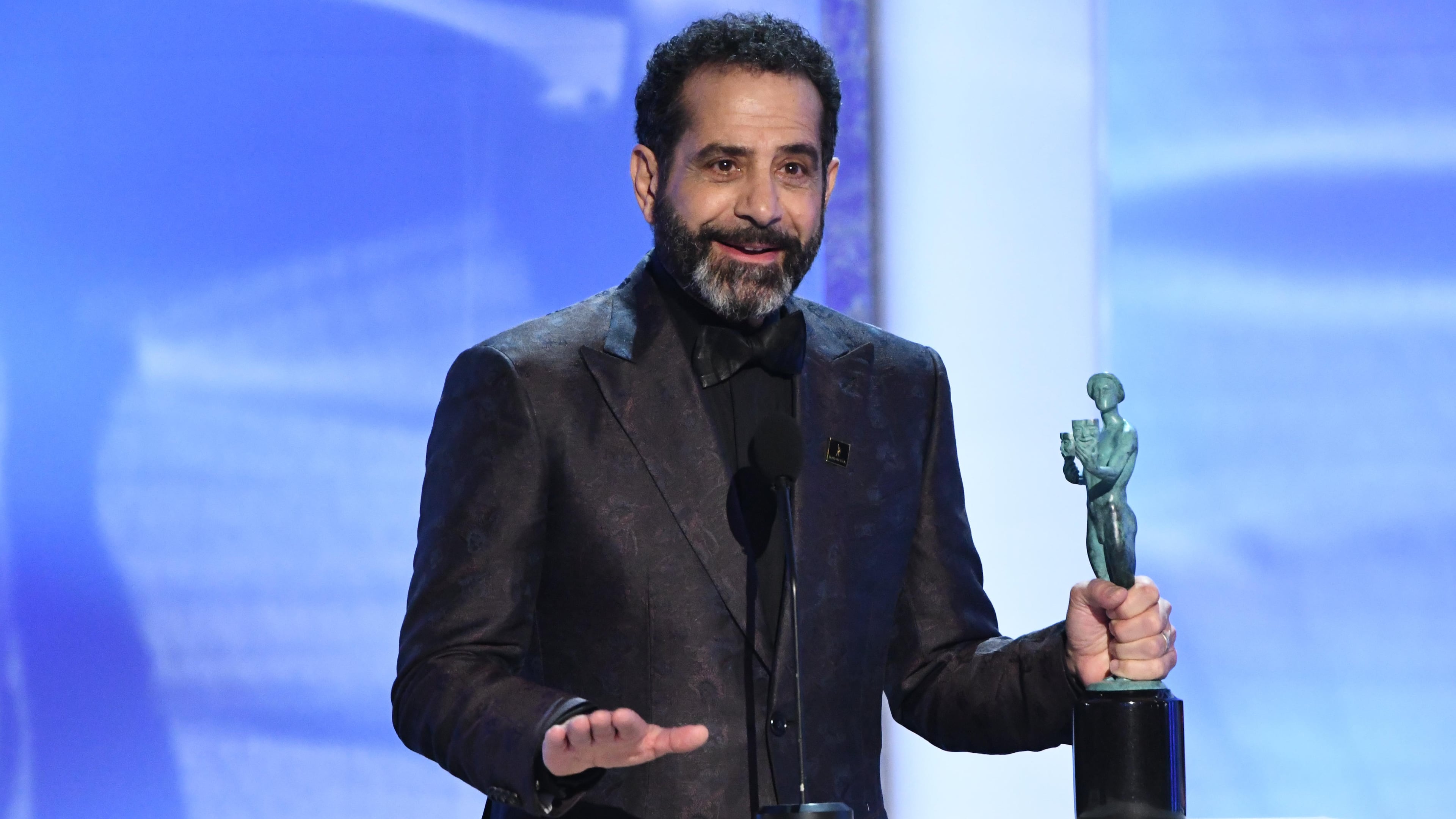 Tony Shalhoub accepts the award for outstanding performance by a male actor in a comedy series for his role as Abe Weissman in “The Marvelous Mrs. Maisel."