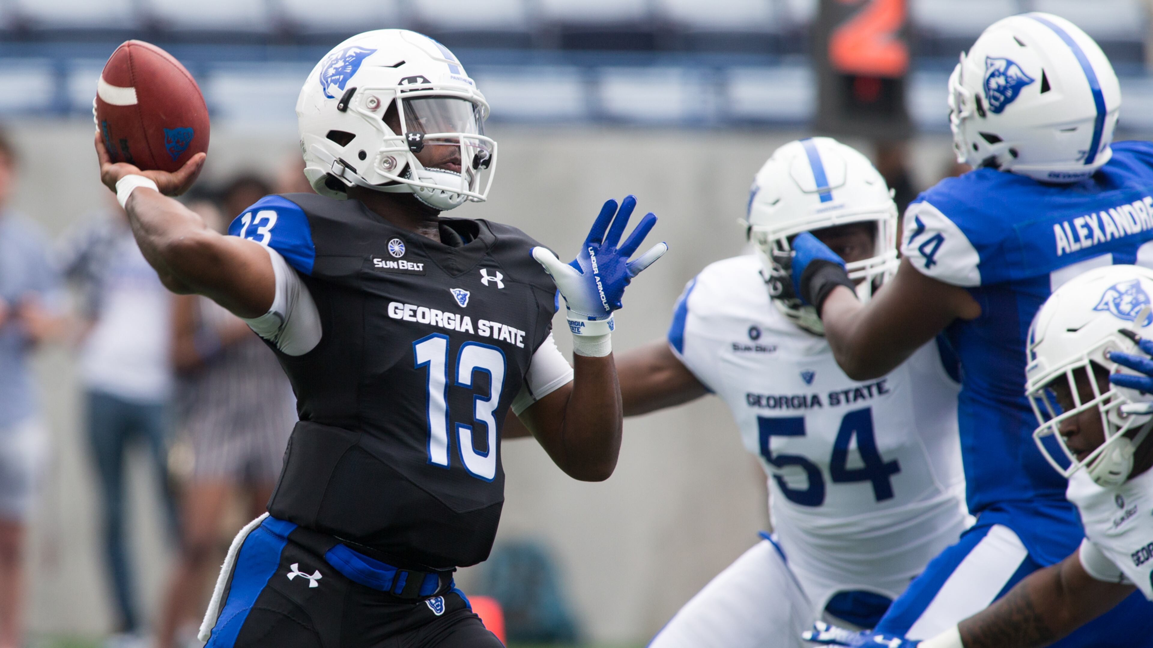 Quarterback #13 Dan Ellington threw a strong pass as Panther fans got their first look at the 2019 Georgia State University football team in action during the annual Blue-white Spring Game at Georgia State Stadium in Atlanta on Saturday April 13th, 2019. (Photo by Phil Skinner)