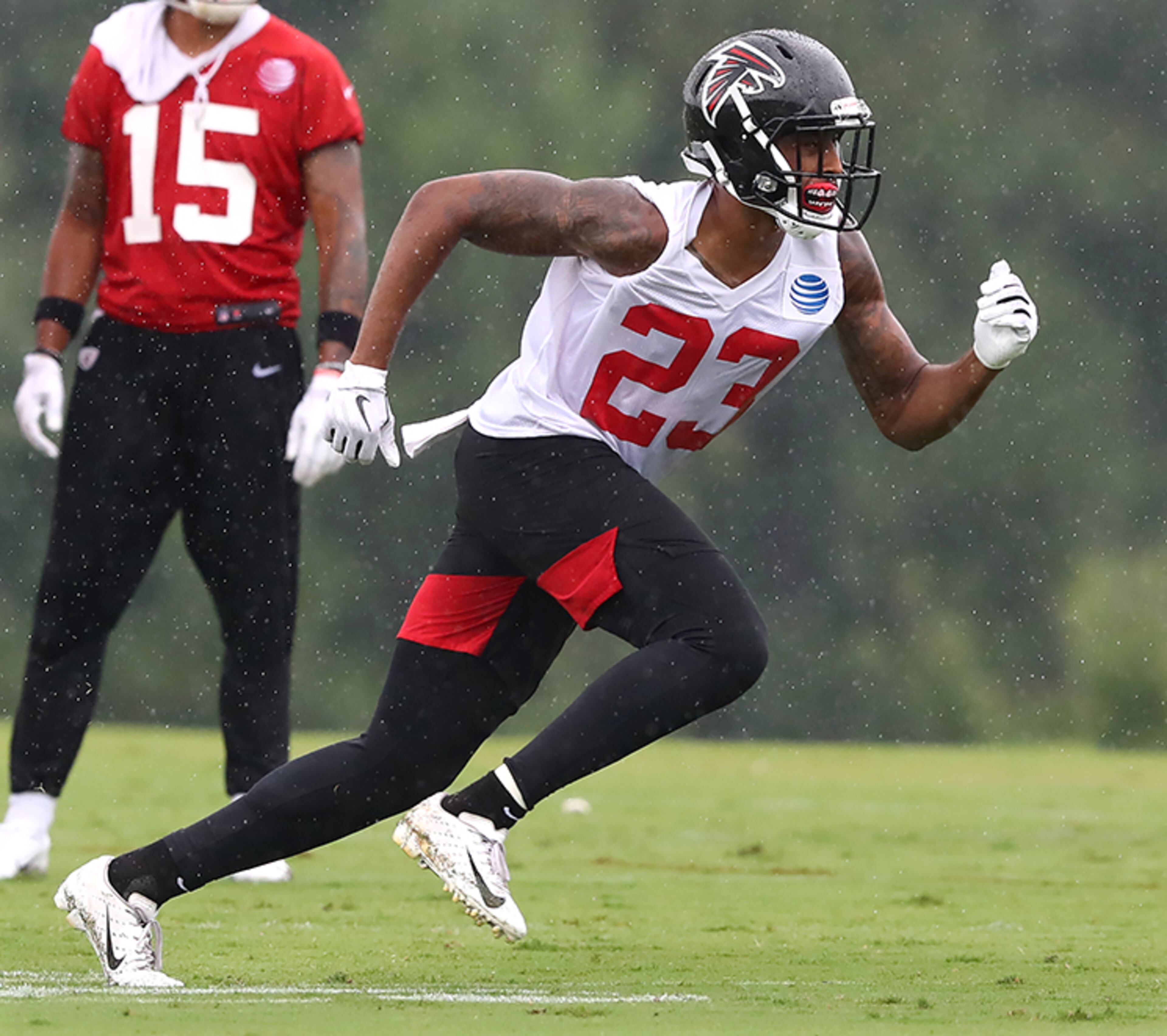 Falcons cornerback Jayson Stanley runs down coverage during the second practice of training camp Tuesday, July 23, 2019, in Flowery Branch.