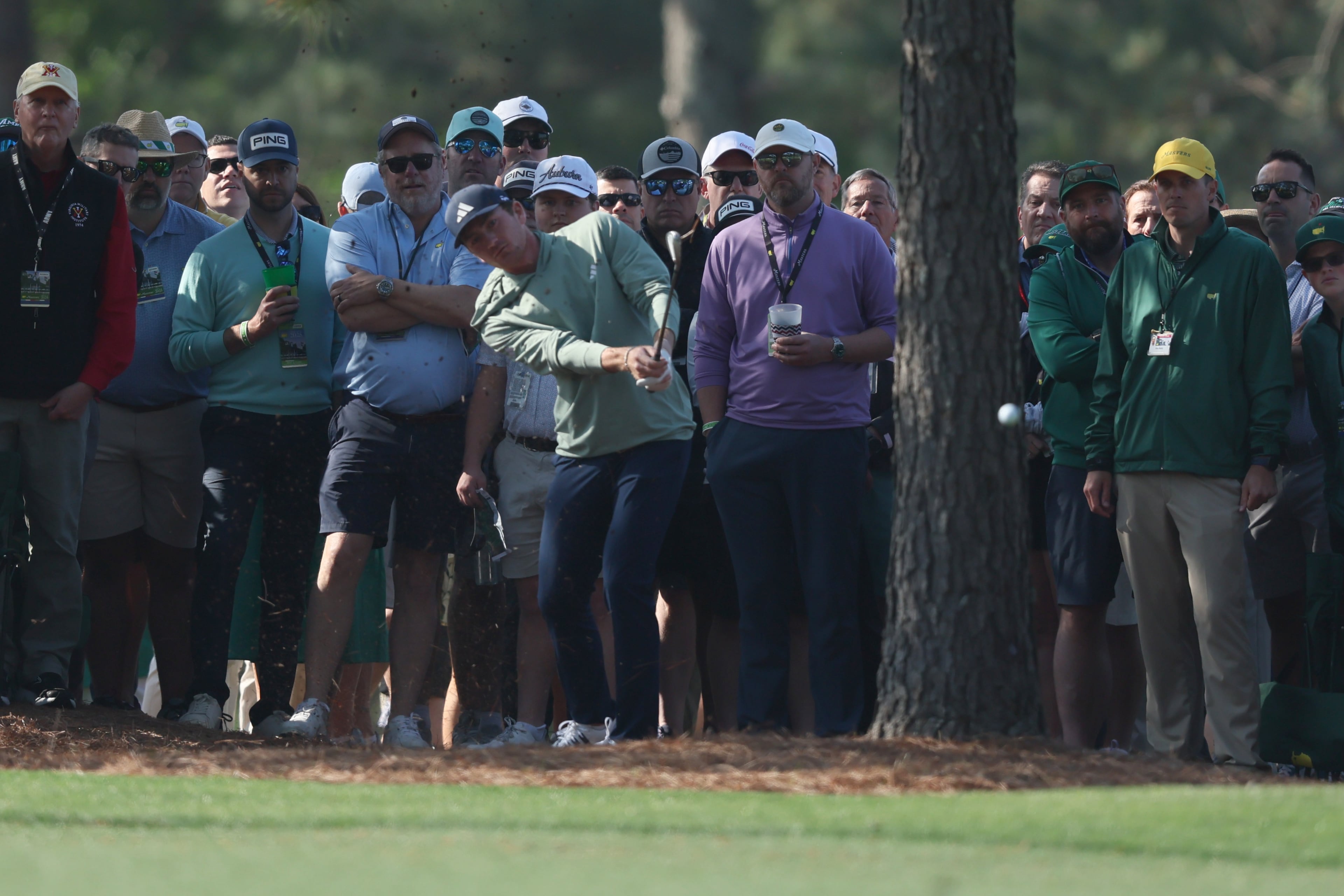 Nick Dunlap hits second shot on first hole during first round of the Masters on Thursday, April 10, 2025, at Augusta National Golf Club. Dunlap shot an 18-over 90, the worst Masters round since 63-year-old Ben Crenshaw opened his final Masters in 2015 with a 91. (Jason Getz/AJC)
