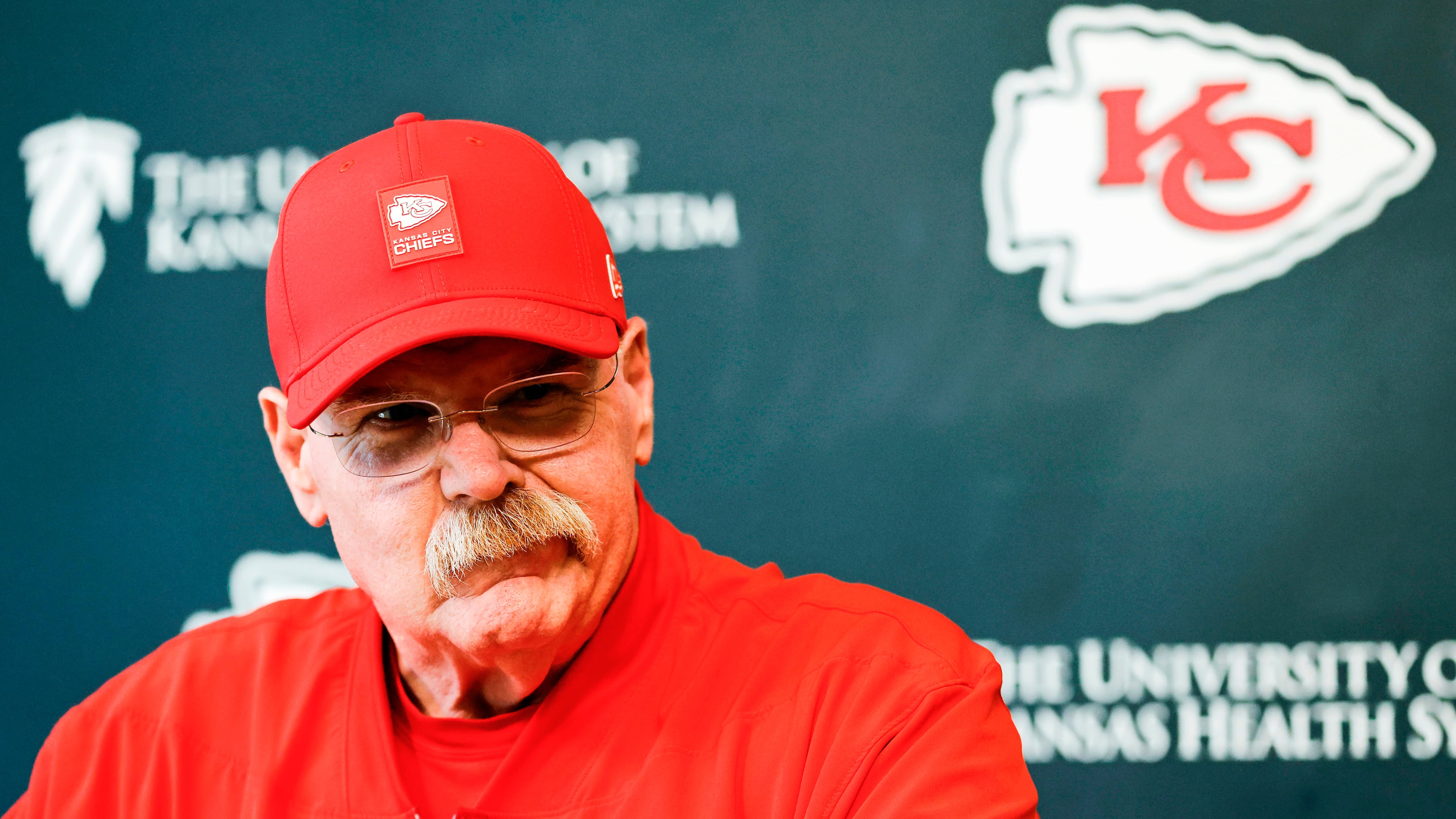 Kansas City Chiefs head coach Andy Reid reacts to a question as he meets with the media on the second day of the NFL football team's rookie minicamp in Kansas City, Mo., Saturday, May 2, 2026. (AP Photo/Colin E. Braley)