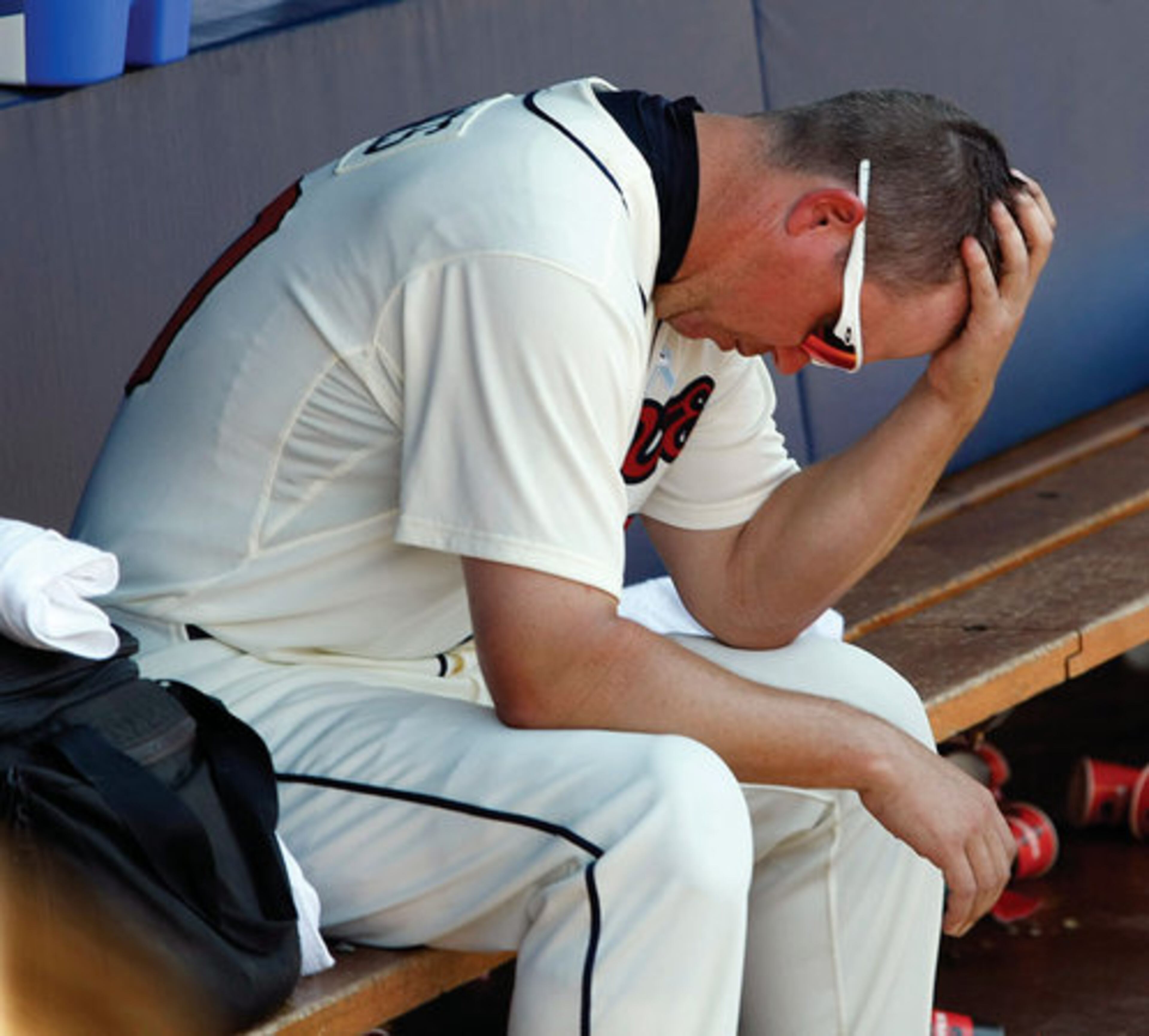 A dejected Chipper Jones in the dugout at the end of a 2-0 loss to the Baltimore Orioles at Turner Field in Atlanta on Sunday, June 17, 2012.